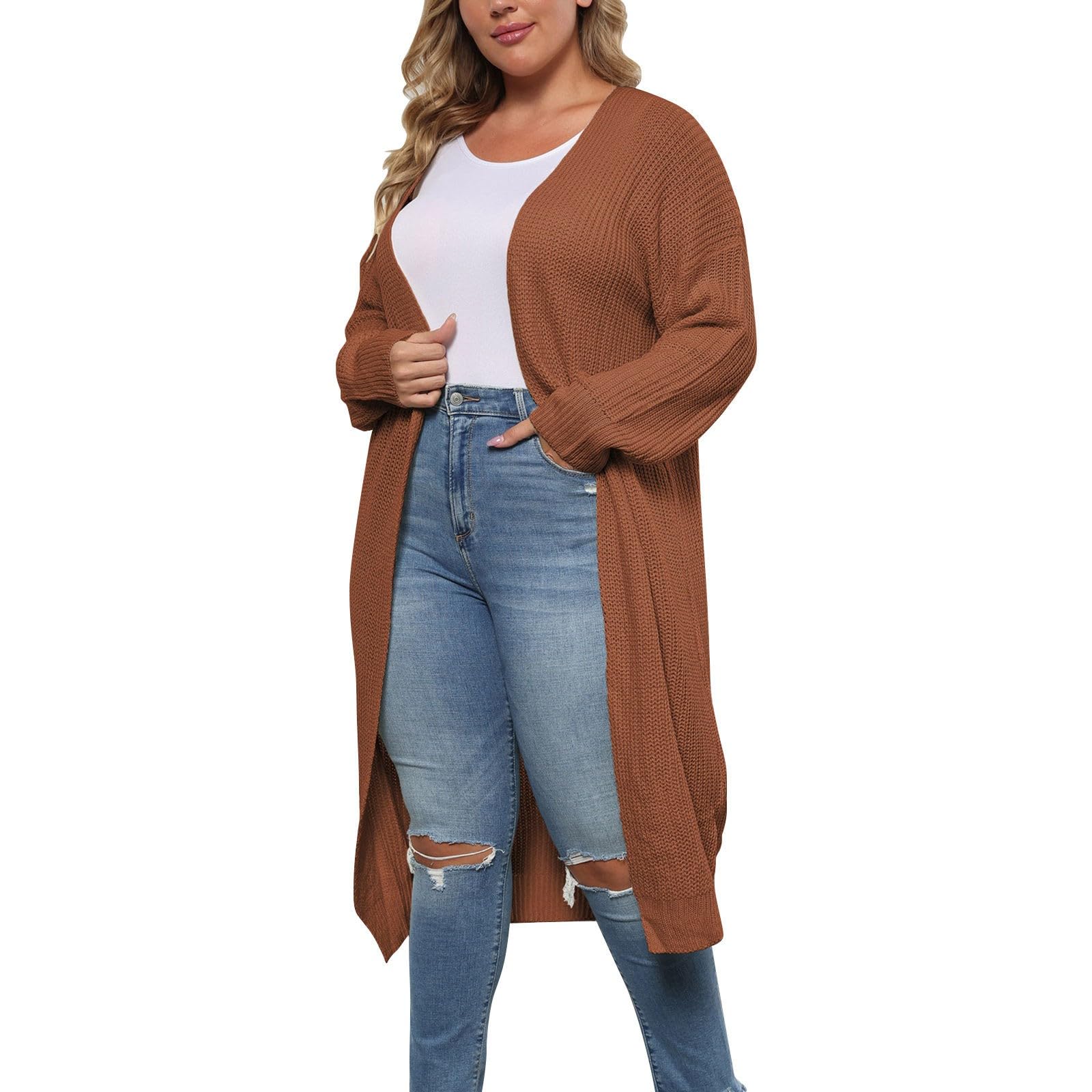 Chaqueta de punto para mujer Ang - Chaqueta de punto para mujer, color liso, talla grande, con bolsillos, cárdigan de manga larga, ligero, moderno, otoño, manga corta, larga, para uso diario y