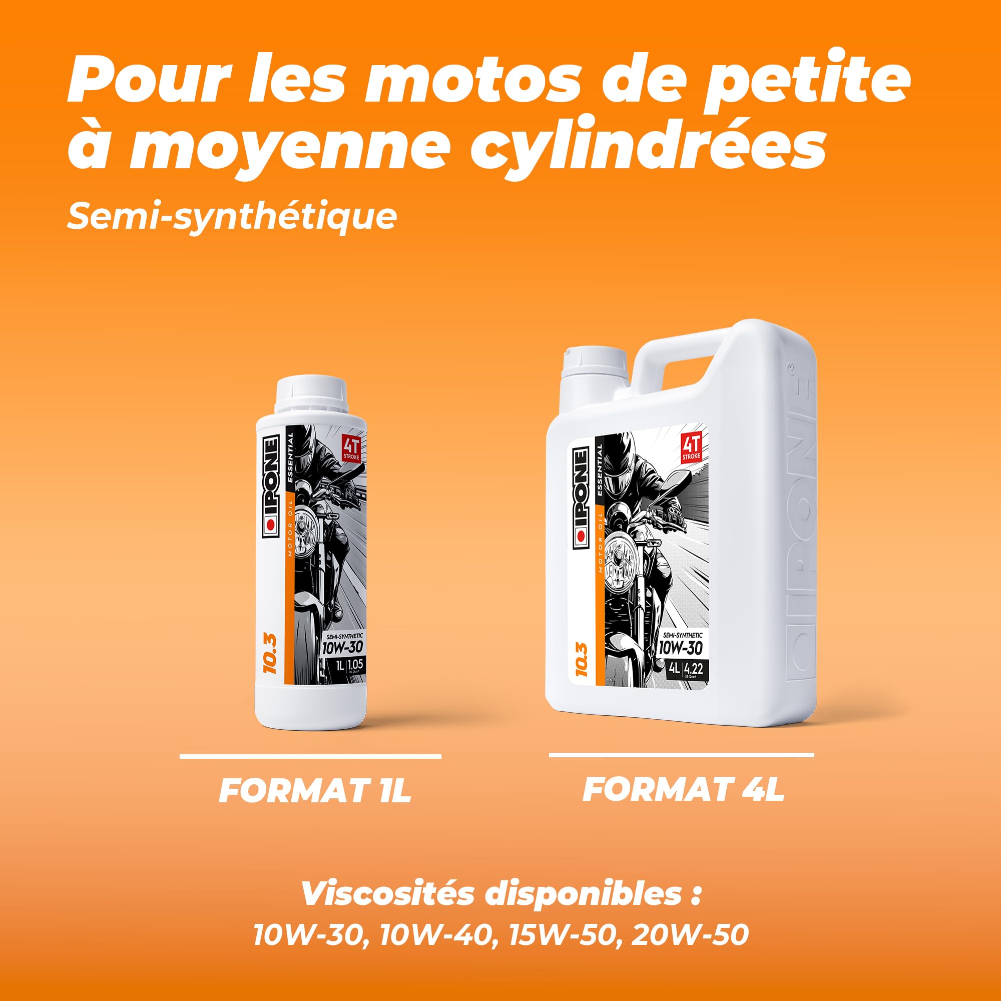 IPONE – Huile Moteur Moto 4 Temps 10W30 10.3 – Bidon 4 Litre - Semi-Synthétique - Gamme Essential - Protection efficace du moteur - Fiable et accessible - Usage de la moto régulier