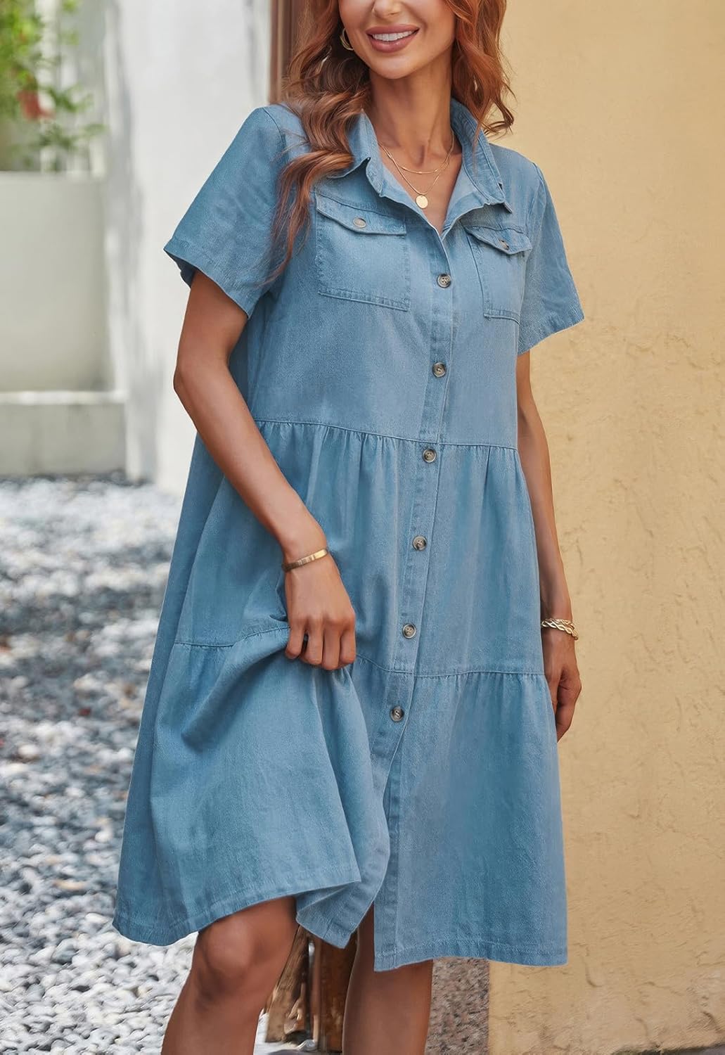 ebossy Women's Casual Short Sleeved Denim Shirt Dress Turn Down Collar Button Up Knee Length Tiered Jean Dress - Image 2