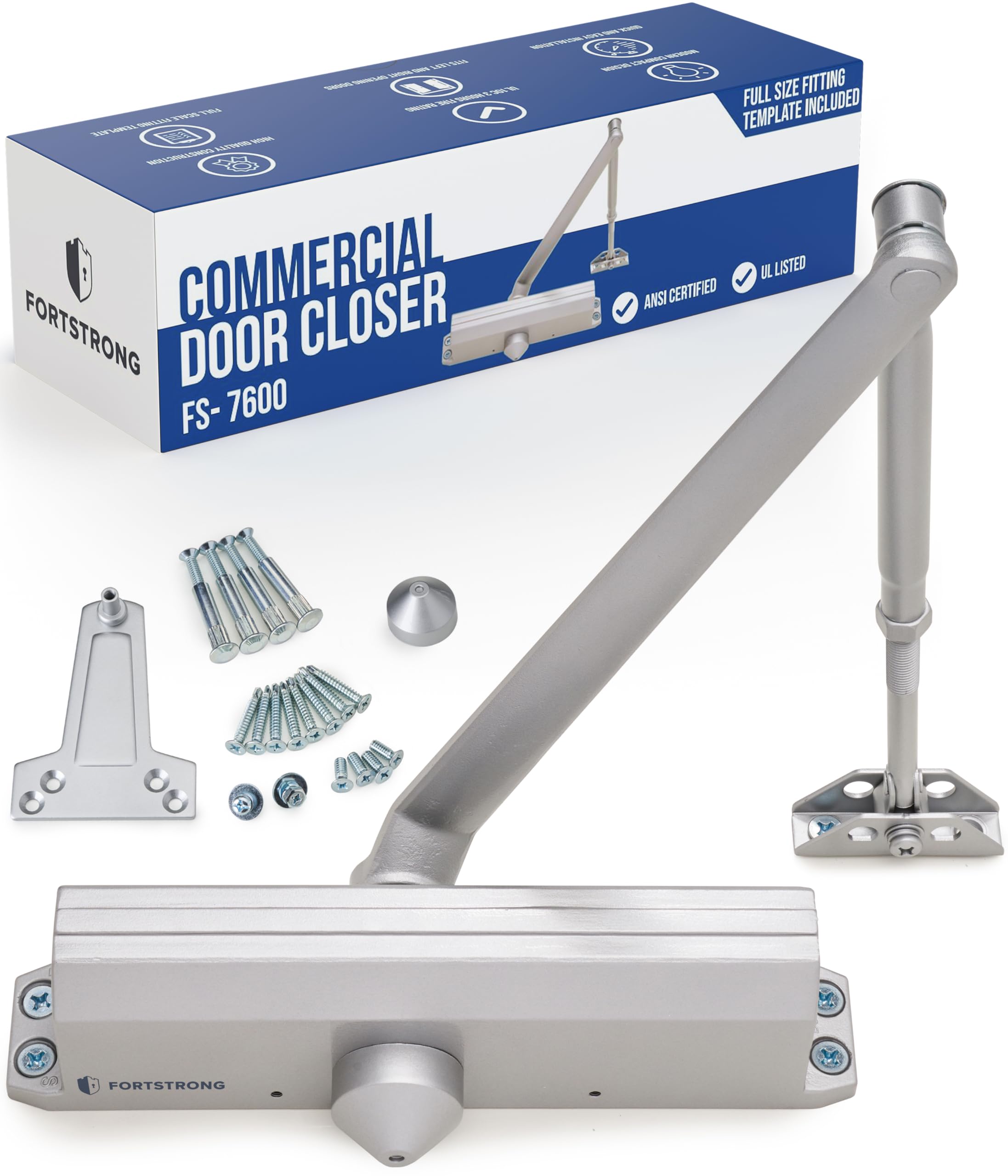 Commercial Door Closer – Heavy Duty Grade 1 Automatic Door Closer for Commercial Use - Auto Hydraulic Spring Hinge - FS-7600 UL & ADA ANSI A156.4 Door Closers Spring Closure Arm Self Closing