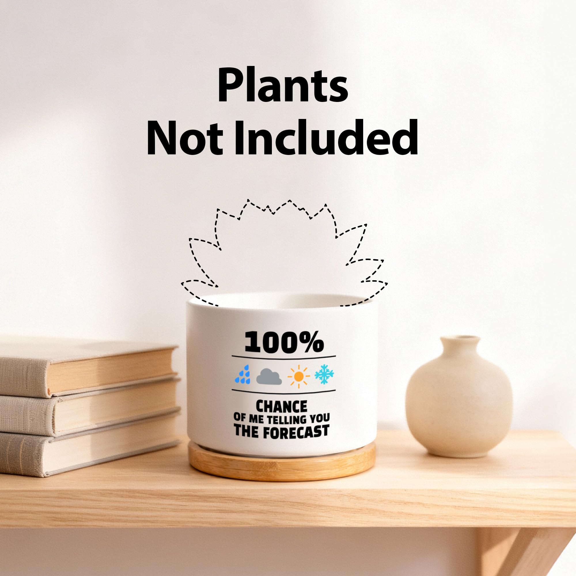 100 Percent Chance of Me Telling You The Forecast Meteorologist Gifts Weatherman Meteorology Weather Ceramic Succulent Plant Pot with Bamboo Tray Home Office Decor 3.5 Inch White (No Plants)