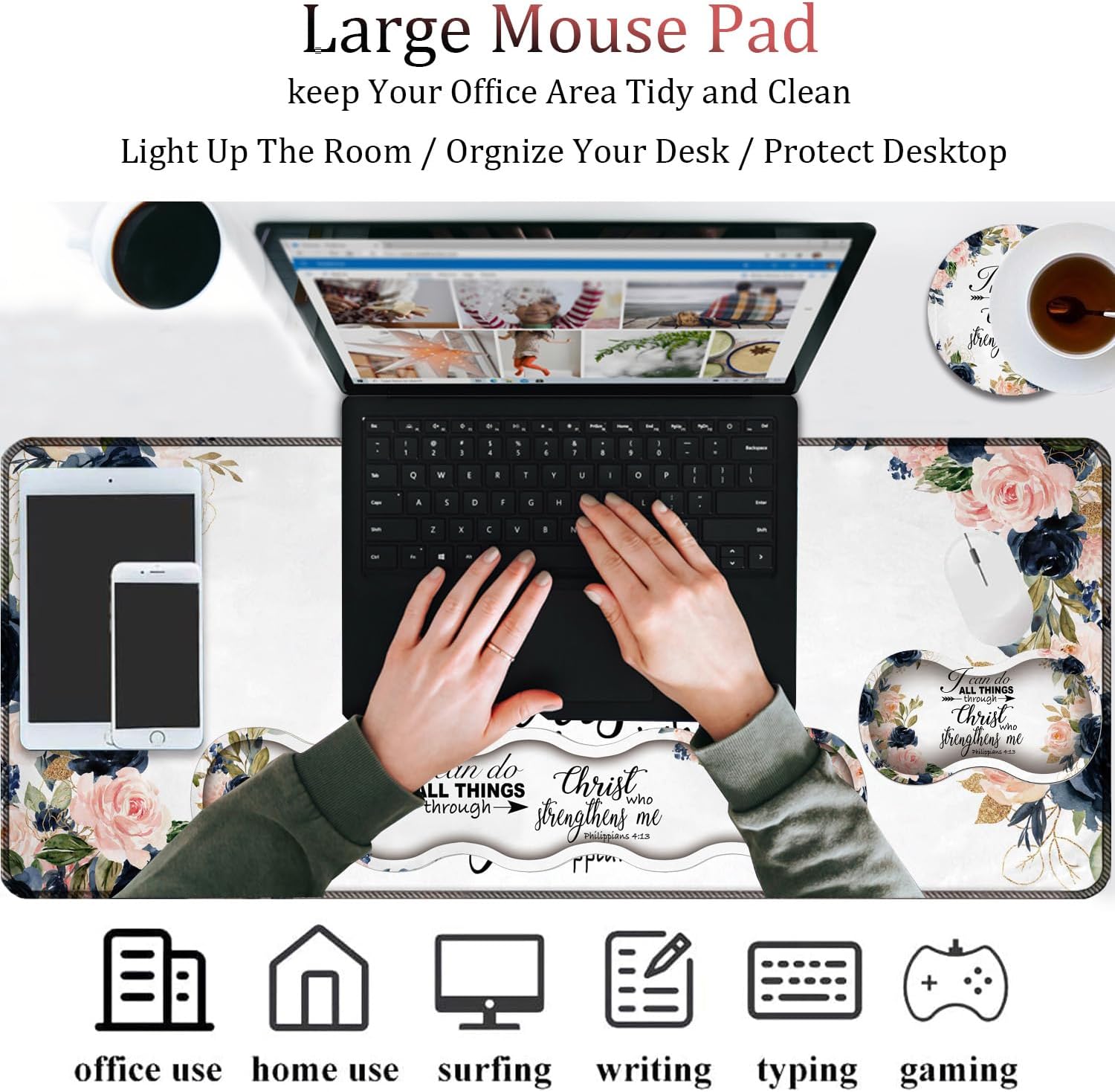 4 in 1 Mouse Pad Combo, Large Gaming Mouse Pad + Keyboard Wrist Support + Mouse Wrist Rest + Coaster, Table Pad with Stitched Edge Memory Foam Ergonomic Wrist Pad Set, Bible Phil 4-13 Floral