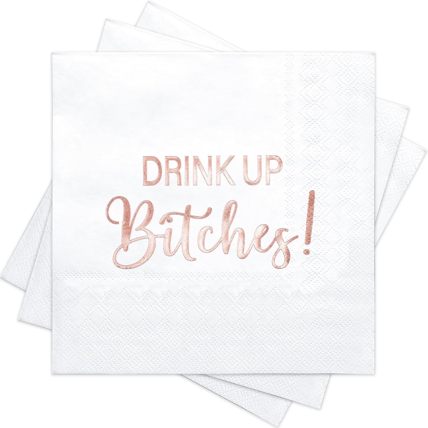 RUSPEPA 50 Pcs Funny Cocktail Napkins, Rose Gold Foil "Drink Up Bitches!" Text Design Disposable Paper Napkins for Bachelorette Party, Girls Night, Birthday, Fun Party Table Decor, 3 Ply, 5 x 5 Inch