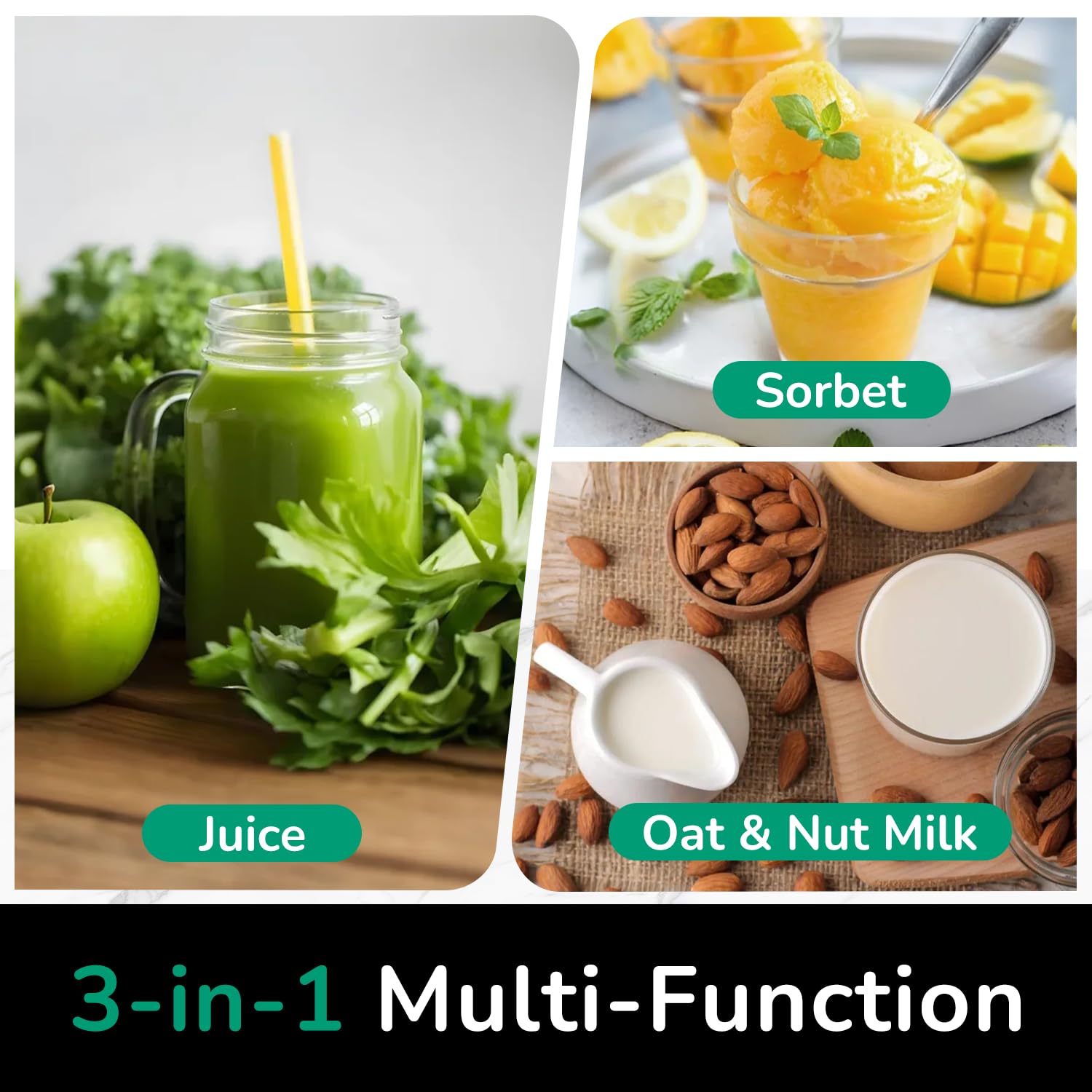 Canoly C16 Cold Press Juicer, 6" Extra Wide Feed Chute, 3-IN-1 Strainers (Juice & Sorbet & Nut Milk), Powerful AC Brushless Motor, Self Precut System, Juicer Machines with BPA-Free (Space Gray) - 2