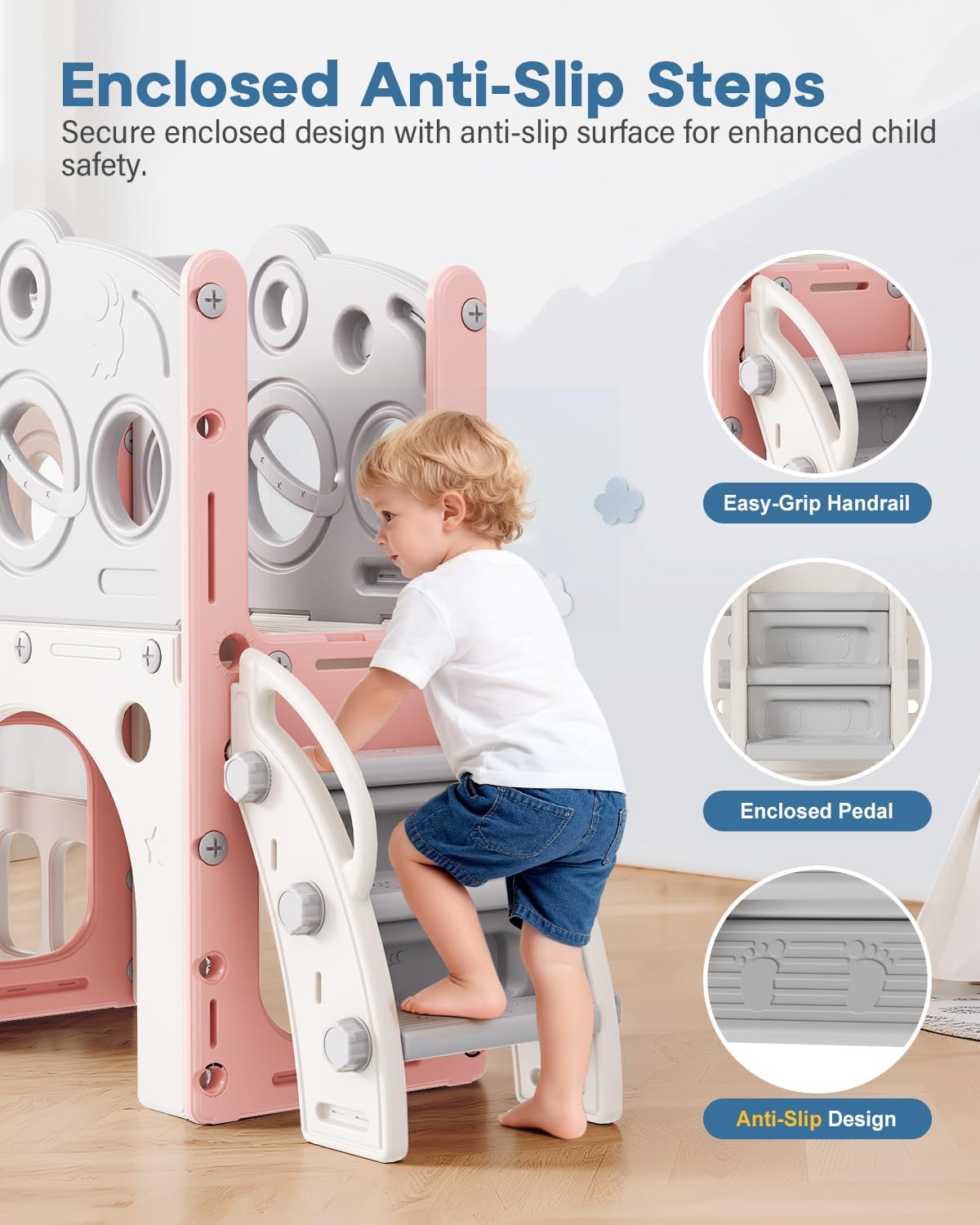 Babytronic Toddler Slide, 8 in 1 Kids Slide with Basketball Hoop, Telescope and Climber, Baby Slide Toddler Playground, Indoor Outdoor Playset for Toddlers Age 1-3, Kids Indoor Playground (Pink)