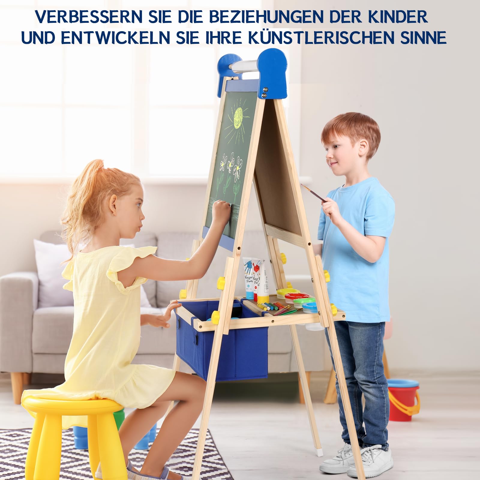 Kinder-Staffelei 3-1, magnetische Kreidetafel und Whiteboard, Papiermalerei, großer Stauraum mit Canvas-Tasche, Malsets mit Fingerfarben, Kreiden, Pinseln, Zahlenbuchstaben, Magneten, Schürze