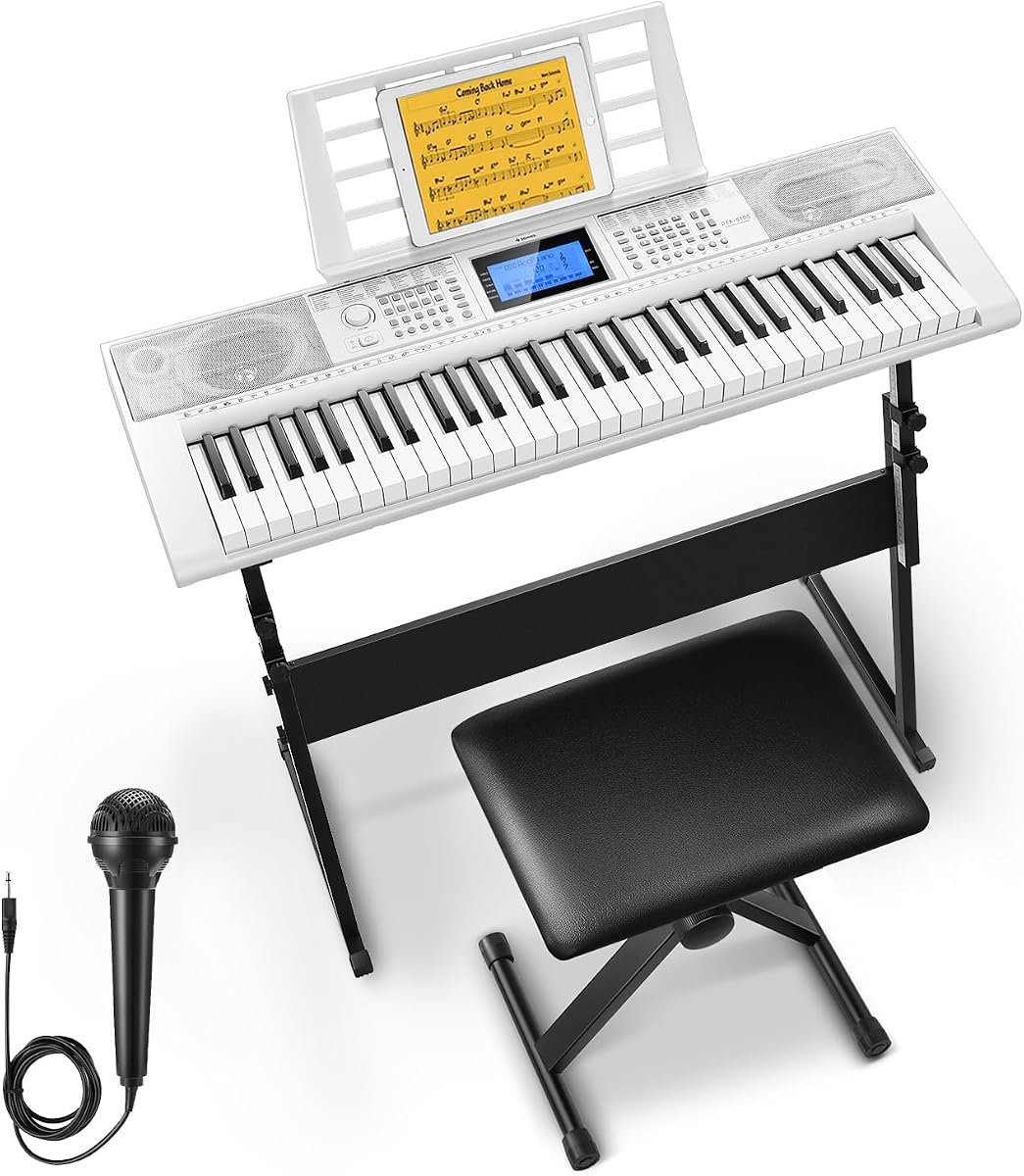 Piano con teclado de 61 teclas, kit de teclado de piano eléctrico con 249 voces, 249 ritmos - Incluye soporte para piano, taburete, micrófono, regalo para principiantes, blanco (DEK-610S)