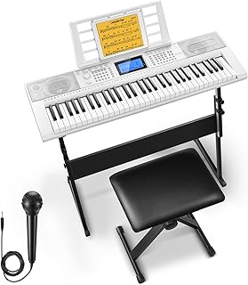 Donner Keyboard Piano 61 Key, Electric Keyboard Kit with 249 Voices, 249 Rhythms - Includes Piano Stand, Stool, Microphone, Gift for Beginners, White(DEK-610S)