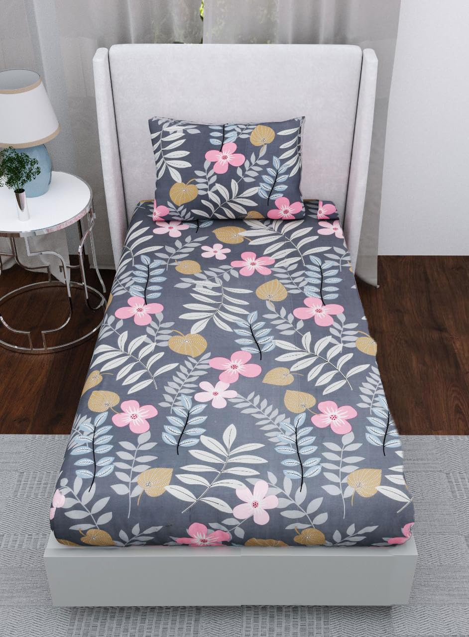 DECOMIZER Cotton Feel Glace Cotton Elastic Fitted All Around Printed Full Length Single Bed Bedsheet With 1 Pillow Cover 300 tc Fits Upto 6 Inches Mattress,Size- 42X75X8 Inches,Navy Grey Patta