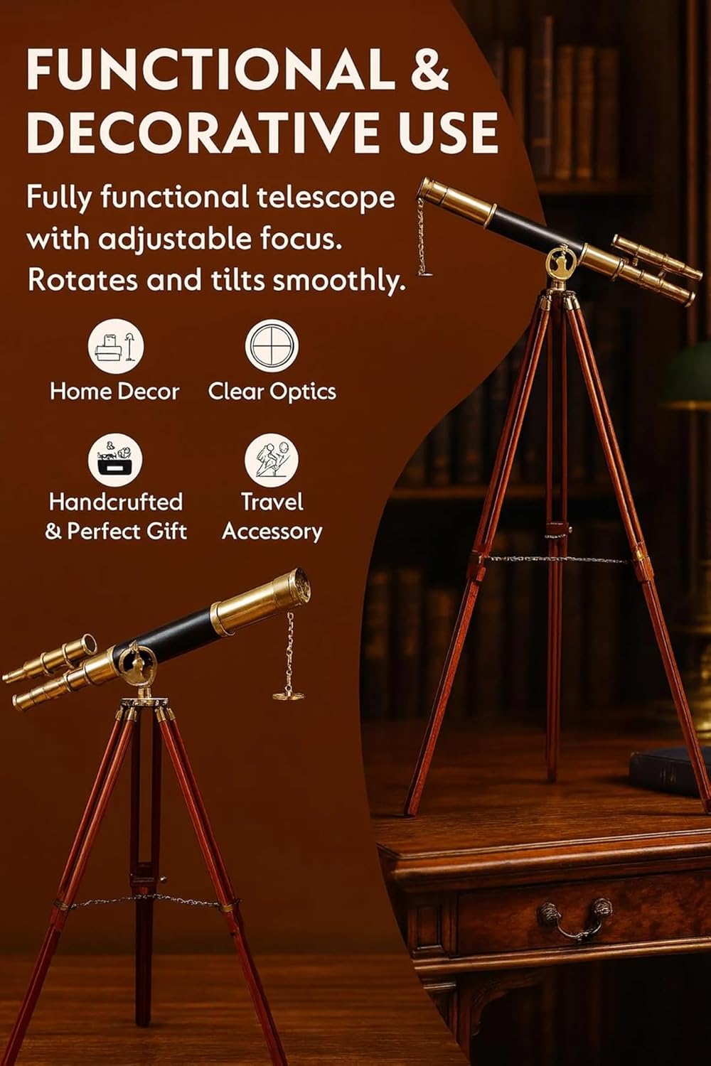 Vintage Brass Double Barrel Telescope with Wooden Tripod Stand – Antique Nautical Marine Spyglass Decor – Maritime Collector Gift for Home Office Library