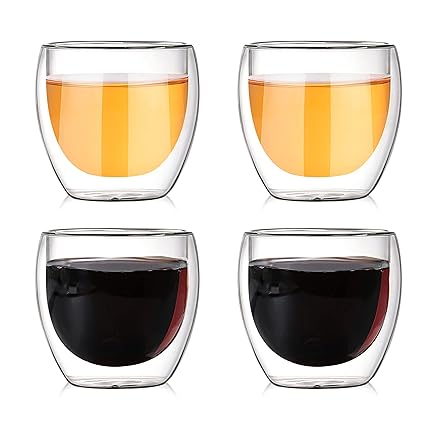 3.4 oz / 100 ml Double-layer teacup, Set of 4 Insulated Glass Cups for Lazy Kungfu Drip TeaPot (Teacup)