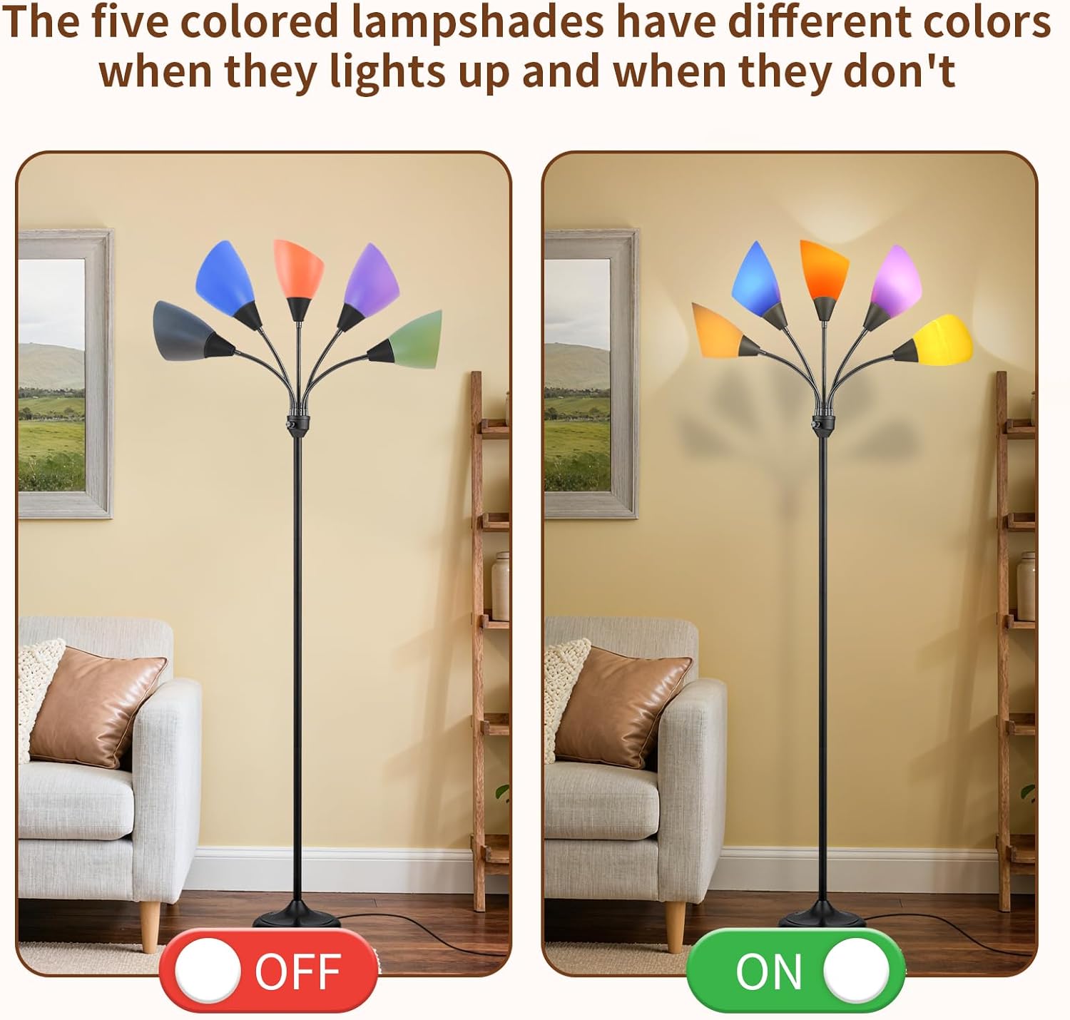 Medusa Floor Lamp, Multi Head 5 Light Floor Lamp for Bedroom with 10 Lampshade, Adjustable Neck Reading Standing Lamp for Living Room,Office,Kids,Classroom (Black)