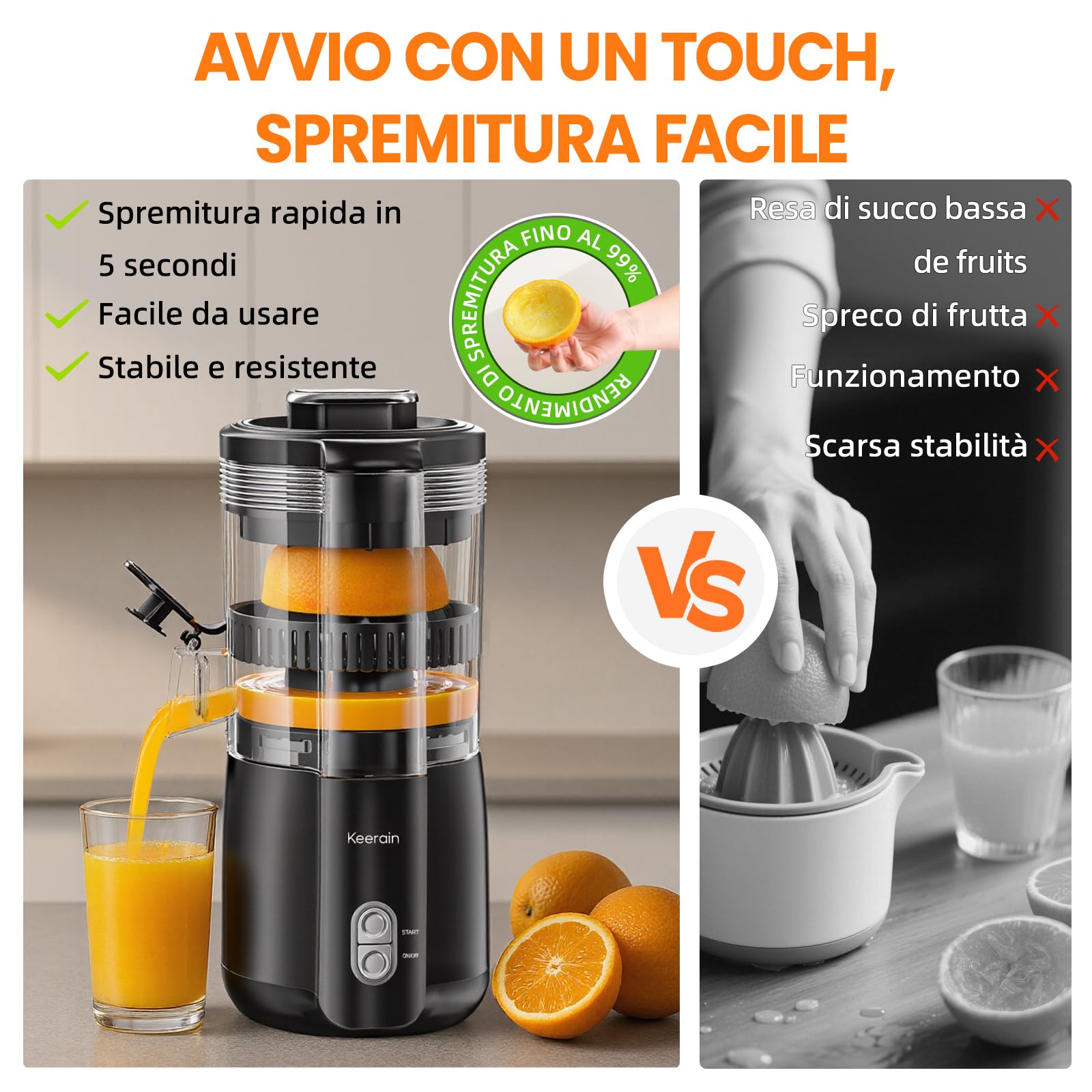 Keerain Spremiagrumi Elettrico, Spremiagrumi Professionale per Arance, Pomodori e Limoni, 100W, Spazzola e Parti Amovibili