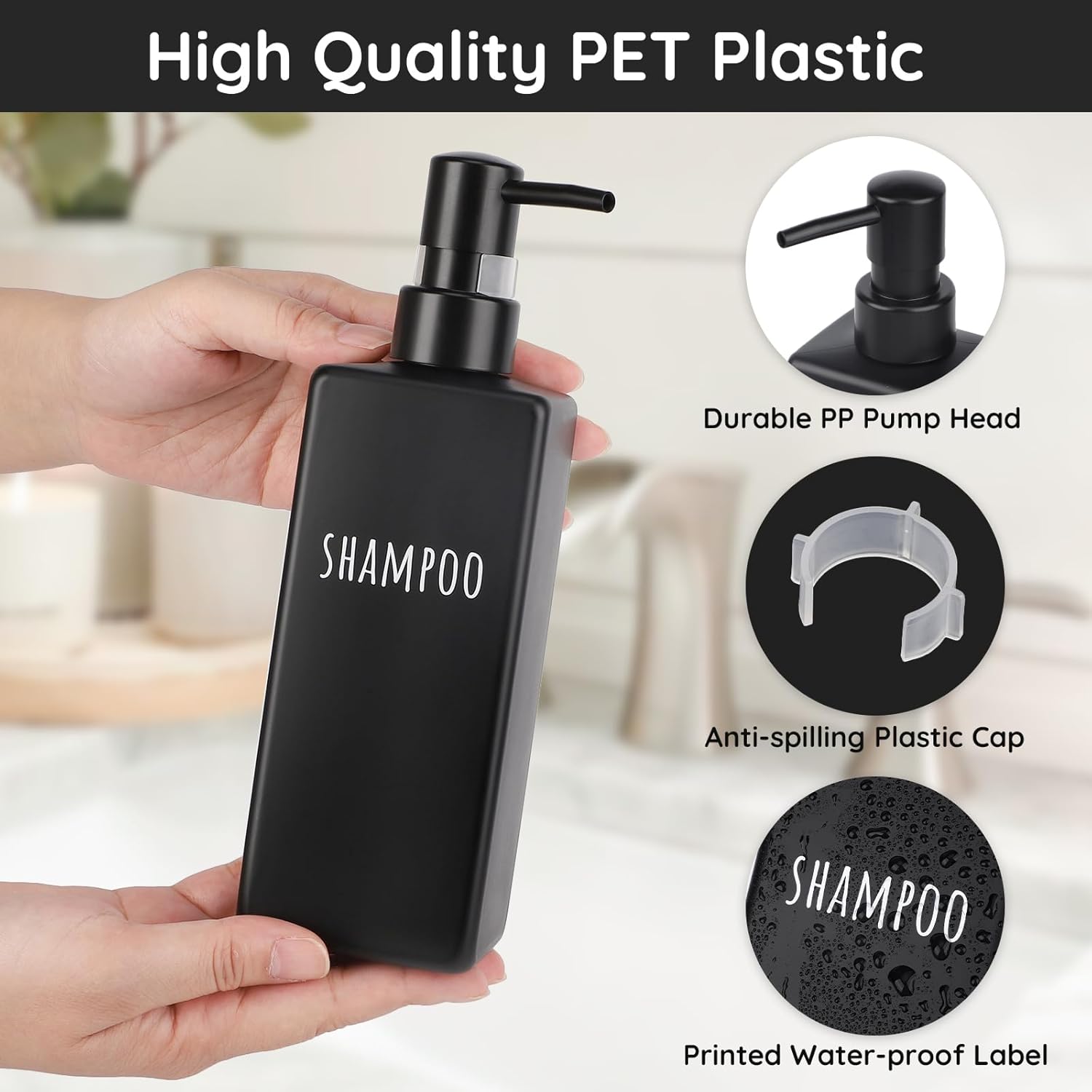 Segbeauty 6 Pack Matte Black Soap Dispenser, Plastic Square Shower Soap Dispenser, 16.9 oz Refillable Shampoo and Conditioner Bottles, 500 ml Empty Bathroom Countertop Soap Dispensers for Modern Hotel