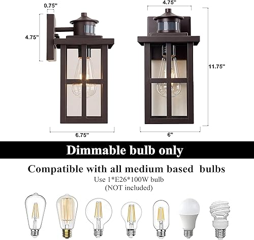 Miniatura 2 de MICSIU Paquete de 2 luces de porche con sensor de movimiento para exteriores, luz de pared de bronce del atardecer al amanecer, lámpara exterior de