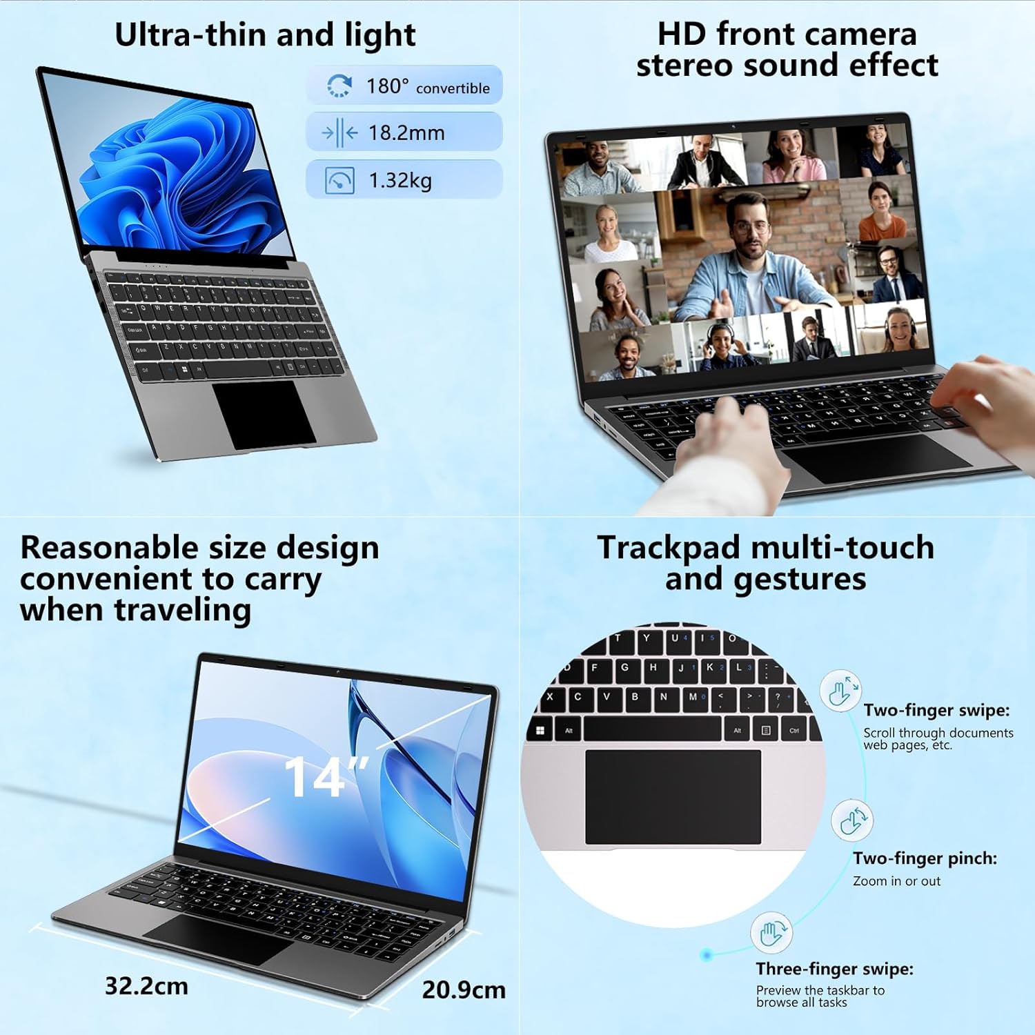 14 Inch Laptop Computer Win 11 8GB+256GB SSD Up to 1TB SSD Expand Laptops Celeron N4020 Up to 2.8Ghz 1080p FHD Dual WiFi BT4.2 with Webcam Screen Projection Function for Business Student- Gray