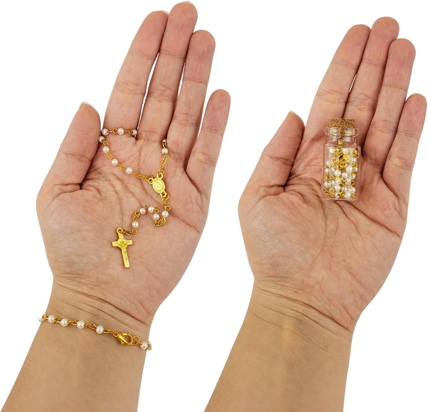 Kit 12 Lembrancinhas Garrafinhas de Vidro com Terço de Nossa Senhora Aparecida (Dourado e Pérola)