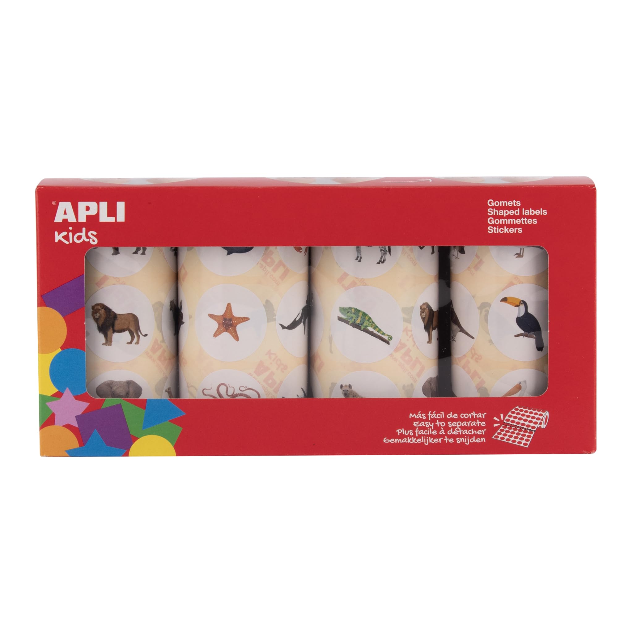 APLI Kids 20054 - Pack 4 rollos de gomets educativos círculos 33mm con temática sobre animales marinos, terrestres, exóticos y pájaro- ilustración realista