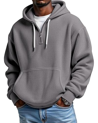 Men's Quarter Zip Hoodie Waffle Knit Pullover Long Sleeve Casual