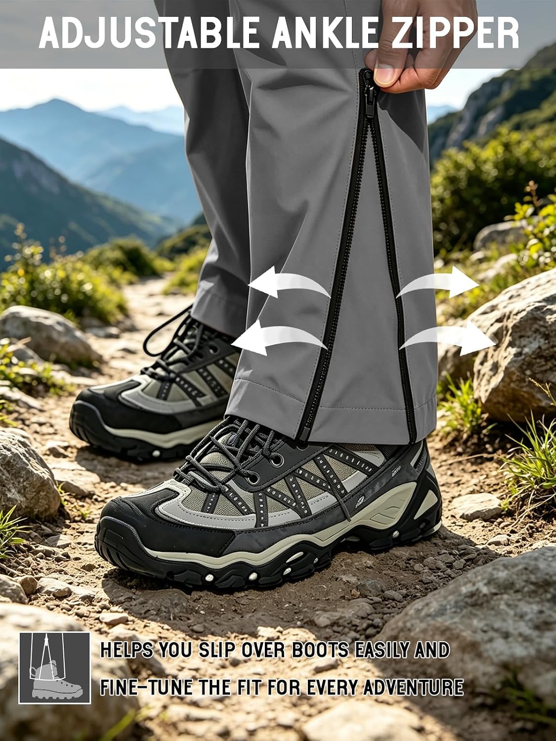 Men's Hiking Cargo Pants, Waterproof and Quick-Drying Work Pants, Lightweight Breathable with Ankle Zipper Design