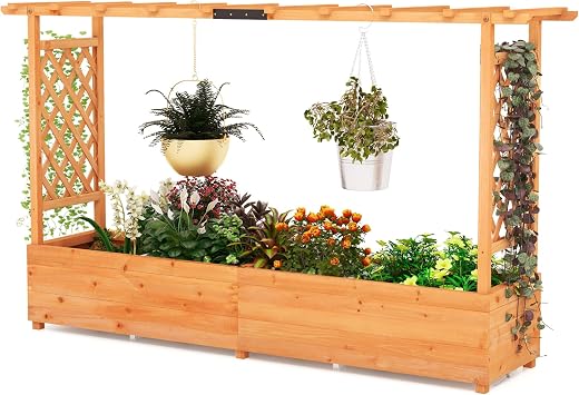 45-Inch Raised Garden Bed, Wood Garden Freestanding Elevated Planter with Hanging Roof, Drainage Holes for Vine, Climbing Plants, Flowers, Planter Box with Trellis for Garden, Patio, Yard