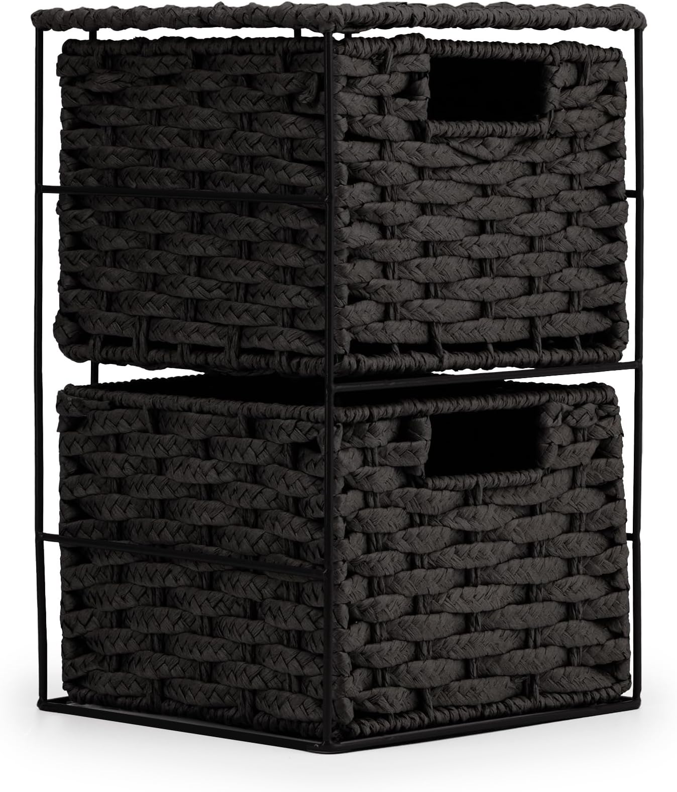 EHC Drawers Storage Unit Baskets, 2 Drawer Wicker Hand-Woven Storage boxes Shelves, Ideal For Organising Home or Office - Black 20 x 22 x 33 cm
