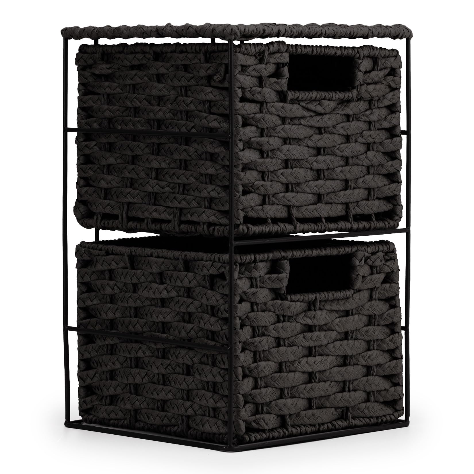 EHC Drawers Storage Unit Baskets, 2 Drawer Wicker Hand-Woven Storage boxes Shelves, Ideal For Organising Home or Office - Black 20 x 22 x 33 cm