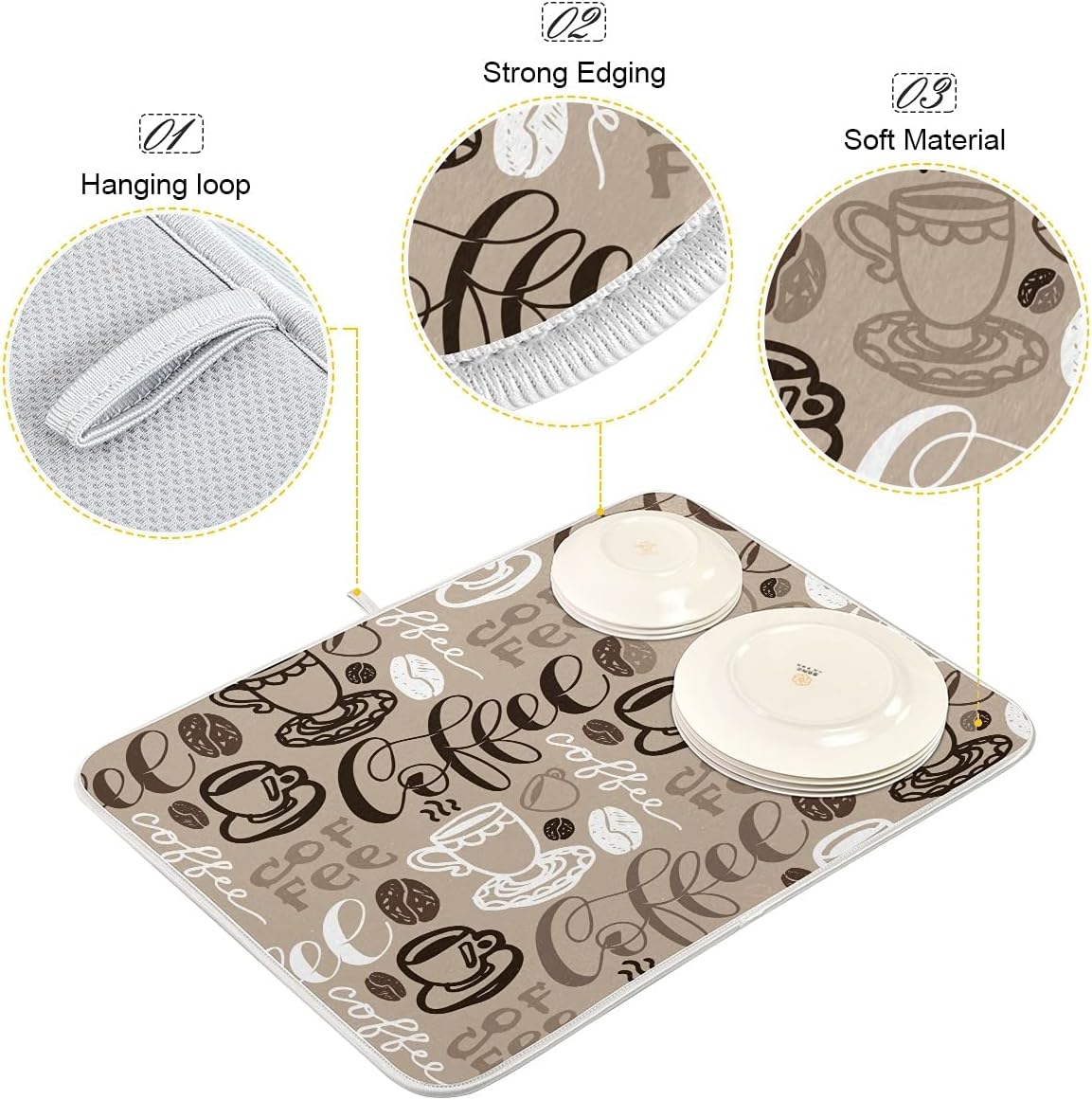 コーヒー皿乾燥マット 16 x 18インチ コーヒー乾燥マット 高吸収性 リバーシブル マイクロファイバー コーヒーキッチンマット