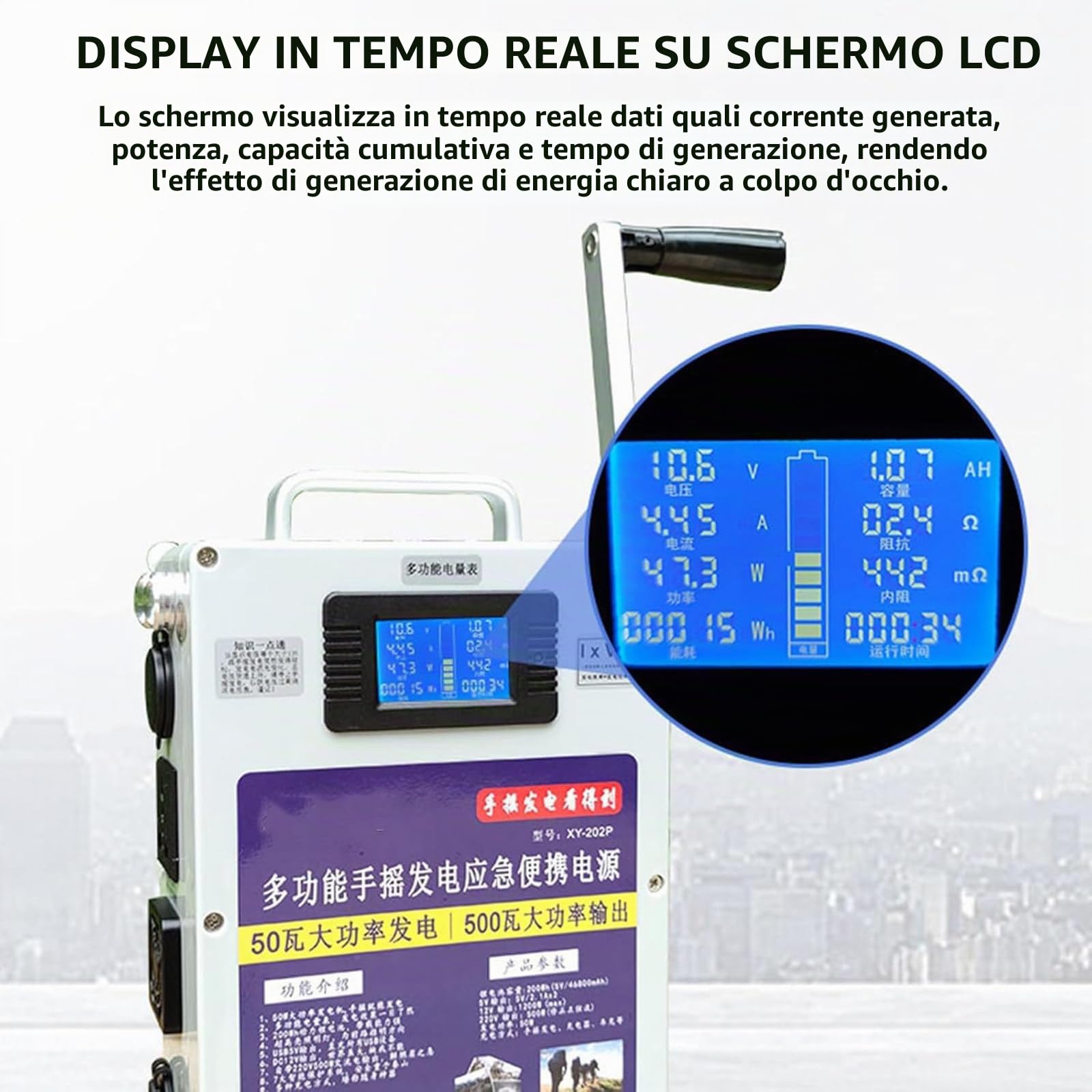 Generatore a Manovella da 500 W, 200 Wh, 46800 mAh, Stazione di Alimentazione Portatile con Presa, 220 V AC/DC/USB Generatori di Alimentazione Mobile, Alimentazione di Emergenza