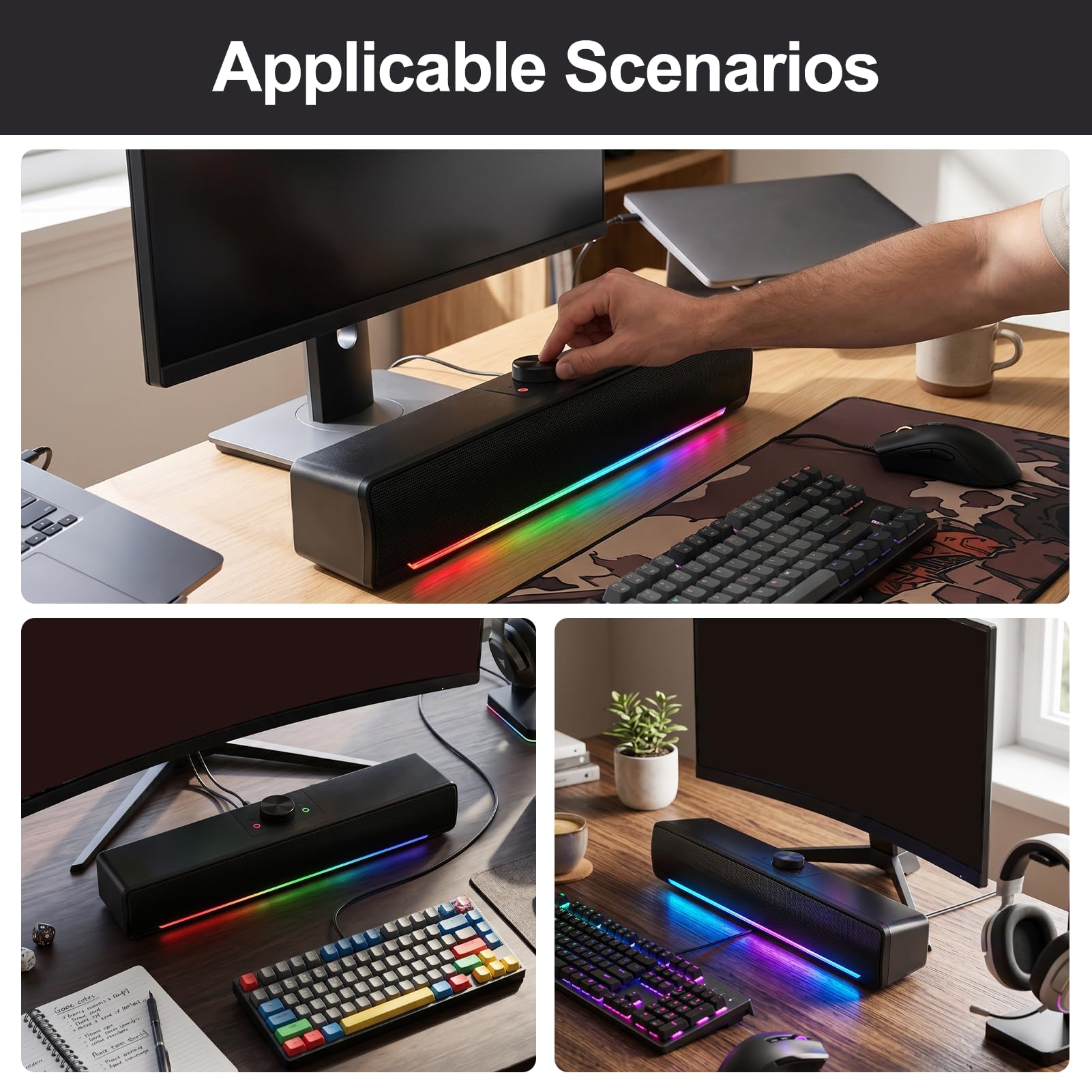 Altavoz para Ordenador, Altavoz Estéreo HiFi de Escritorio, con Iluminación RGB Dinámica y Control de Volumen Mediante Mando Giratorio, Bluetooth RGB para Juegos de