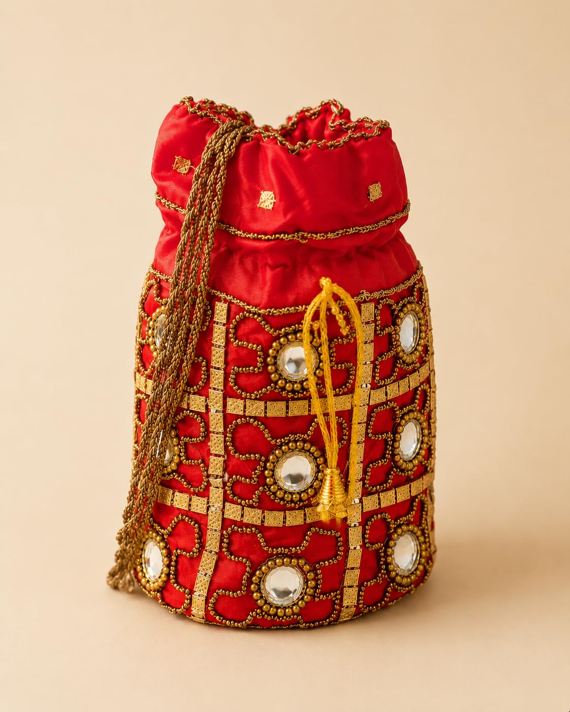 Jaipuri Potli Bag, Red, Handcrafted, Kundan Mirror Work, Gold Beaded, Ethnic Drawstring Clutch for Weddings/Royal Heritage Arts-image-35