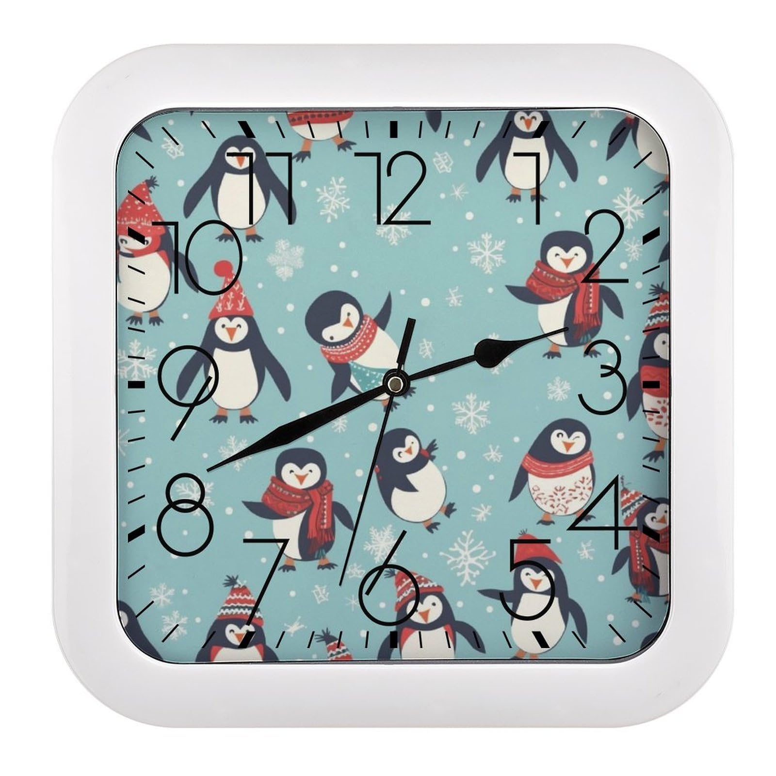NTVOWPZO 10 Inch Wall Clock Winter Christmas Penguins Battery Operated Wall Clocks Silent Non-Ticking Square Wall Clock for Living Room Kitchen Home Office Wall Decorative Clocks