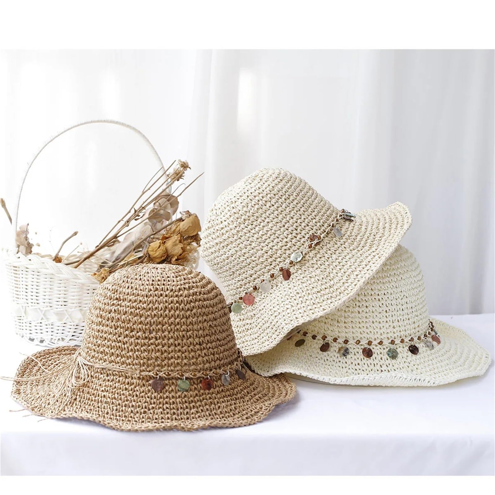 Cappello da pescatore pieghevole 1/2 pezzi, cappello sole all'uncinetto for spiaggia, viaggi e vacanze, di paglia fatto a mano Per Viaggi