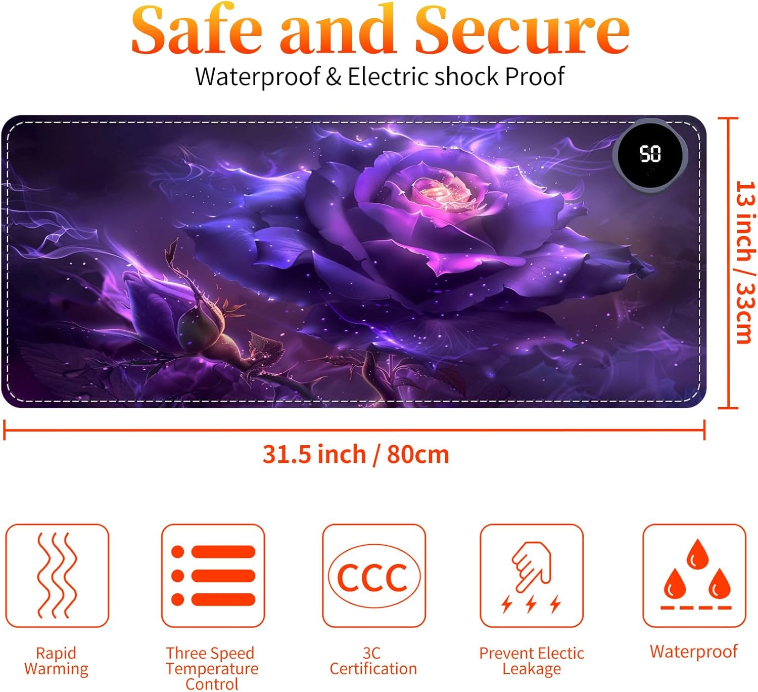 Heated Mouse Pad with 3 Heating Modes & 3 Hours Auto Shut,31.5"x 13" Fast Heating Desk Mat,PU Leather Office Desk Mat,Purple Rose