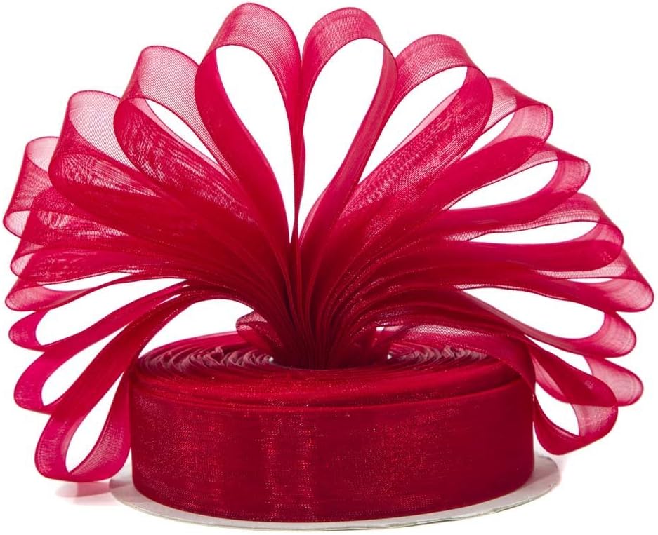 Premium Woven Edge 10mm Organza Ribbon 50 Yards (Burgundy)