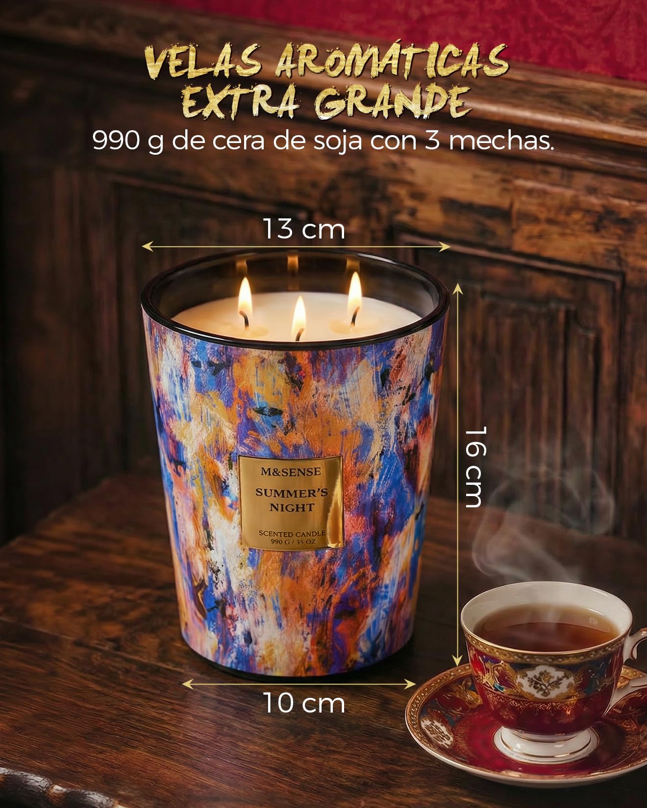 M&SENSE Velas Aromáticas Noche de Verano, 150h Larga Duración, 3 Mechas Velas Bonitas, Cera de Soja 990g Vela Grande, Decoración Hogar, Regalo Original Mujer y Yoga