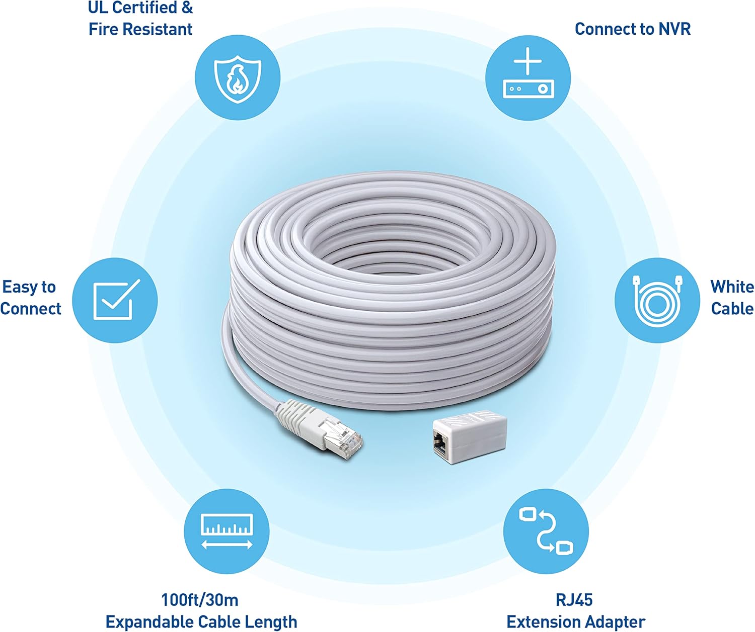 Swann Security Cat5 Ethernet Cable, NVR Extension Cord for PoE Camera, 100 Ft/30M, SWNHD-30MCAT5E