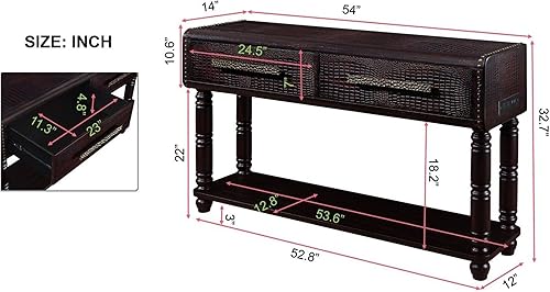 Miniatura 2 de Mesa de sofá de madera de pino retro de 54 pulgadas con 2 puertos USB, patas de madera maciza, piel de cocodrilo de imitación para pasillo, sala de