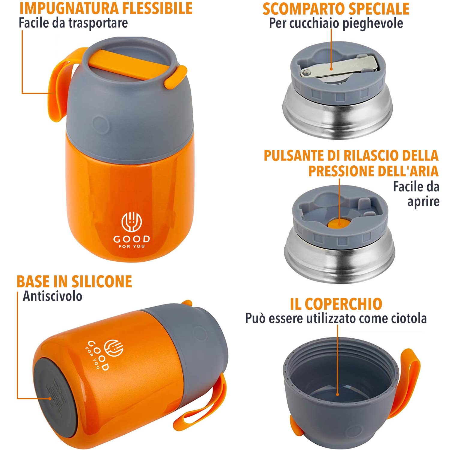 Thermos per alimenti, in acciaio inox, 530 ml, per pasti caldi e freddi, isolamento a doppia parete, contenitore termico per alimenti, per scuola, ufficio, viaggi, campeggio, cucchiaio pieghevole