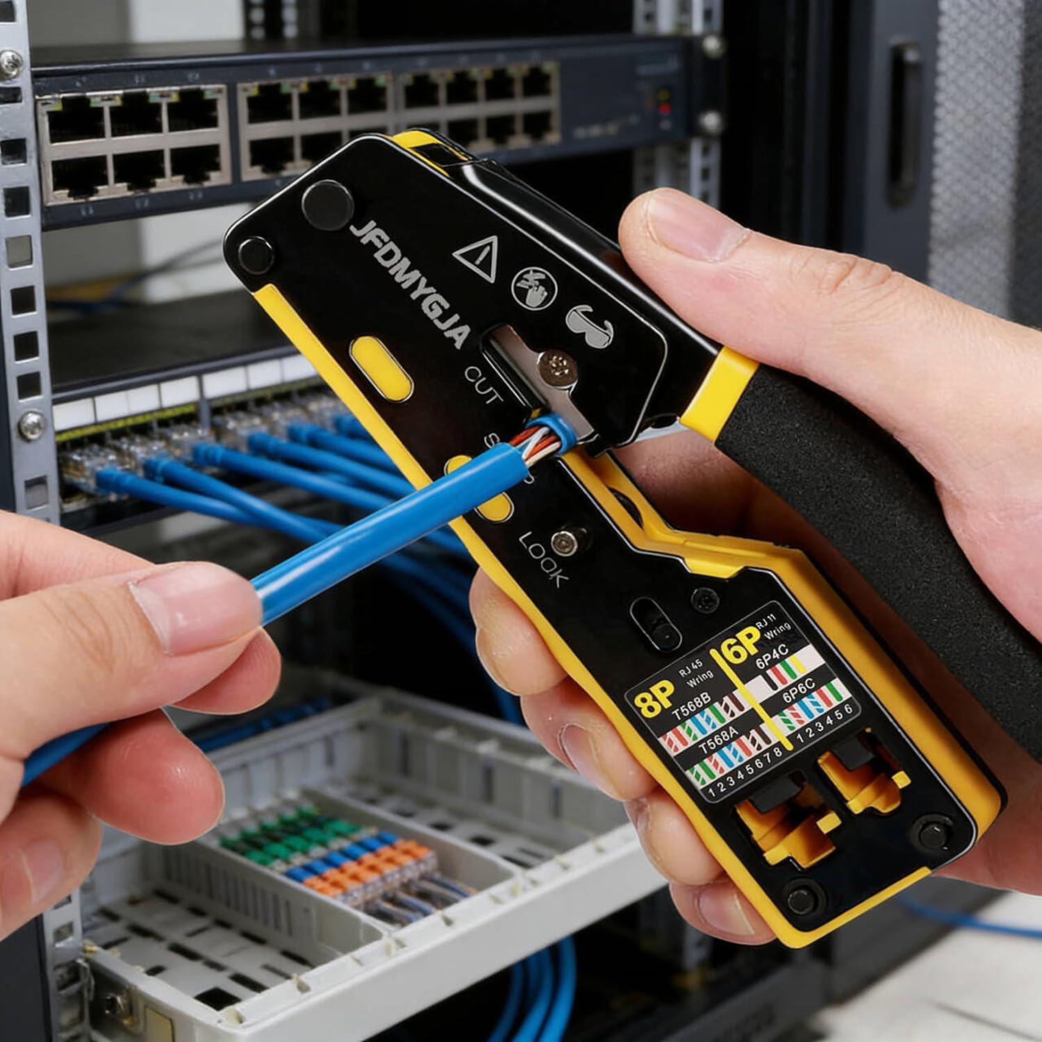 RJ45 Crimp Tool Kit Pass Through, Ethernet Crimper Cat6 Cat5e Cat5 Crimping Tool with Network Cable Tester, RJ45 Pass Through Connectors, Stripper