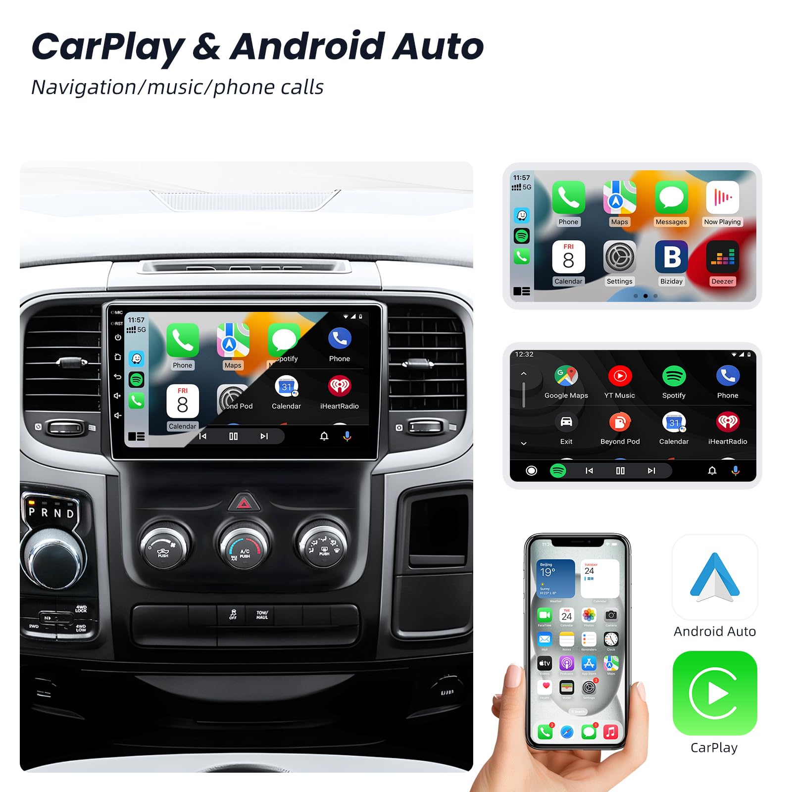 8 Core 4+64G Car Stereo Radio for Dodge RAM 1500 2500 2013-2018 (Manual AC): 36EQ HD Touchscreen CarPlay Android 13 Bluetooth 5.0 DSP FM/RDS Audio GPS SWC Mirror Link 1080P Backup Camera Split-Screen