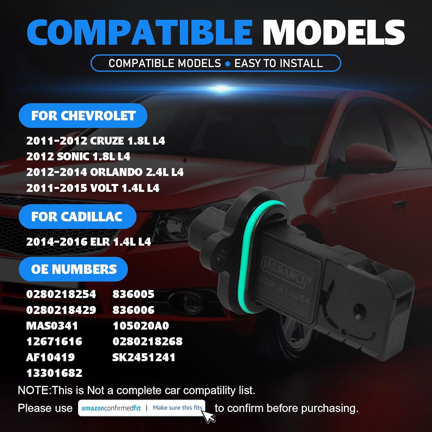 0280218254 Mass Air Flow MAF Meter Sensor for Chevrolet Cruze 2011-2012 Sonic 2012 Orlando 2012-2014 Volt 2011-2015 Cadillac ELR 2014-2016 Replace 0280218429 MAS0341 AF10419 0280218268
