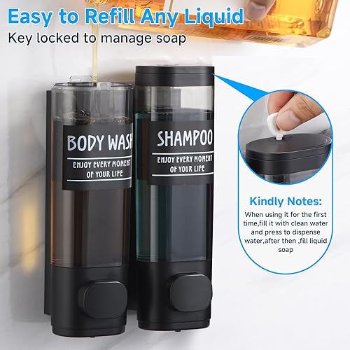 Miniatura 4 de Dispensador de champú y acondicionador, dispensador de ducha de 2 cámaras, sin taladro, dispensador de champú para ducha, dispensador de jabón para