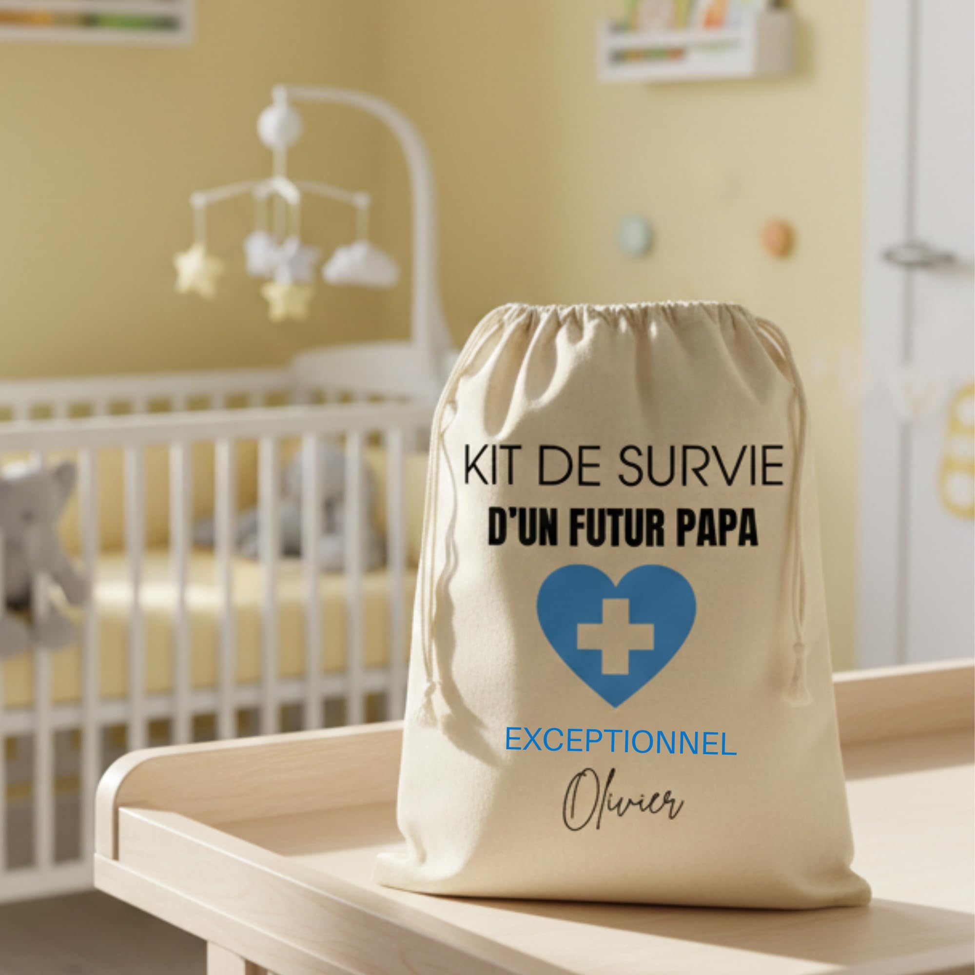 Kit de Survie Futur Papa Personnalisé avec prénom, Pochon Cadeau 34 x 23 cm