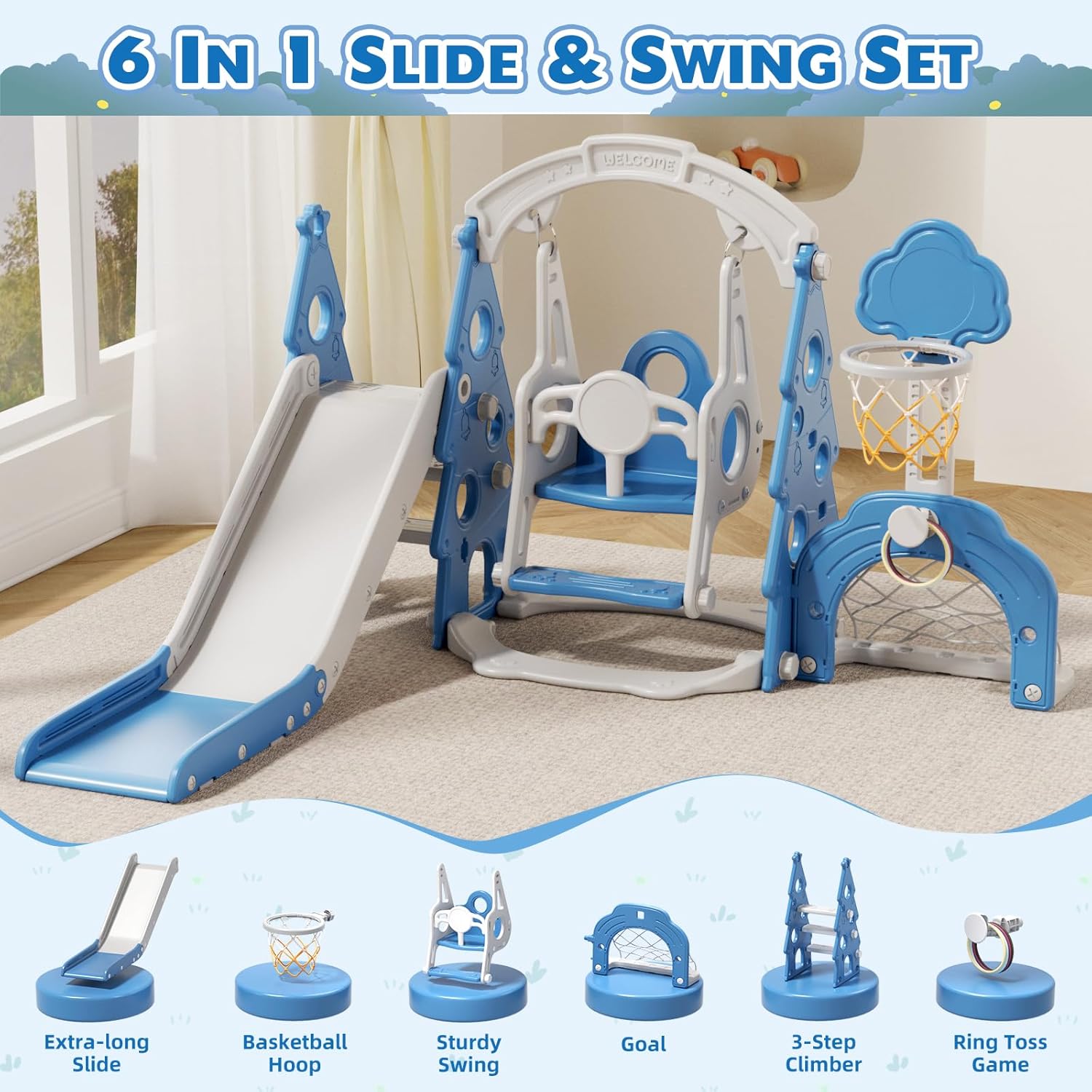 YUFU 6-in-1 Kids Slide and Swing Set, Toddler Slide with Basketball Hoop, Swing, Soccer Goal, Indoor Outdoor Playset for Toddlers Age 1-3 (Blue)