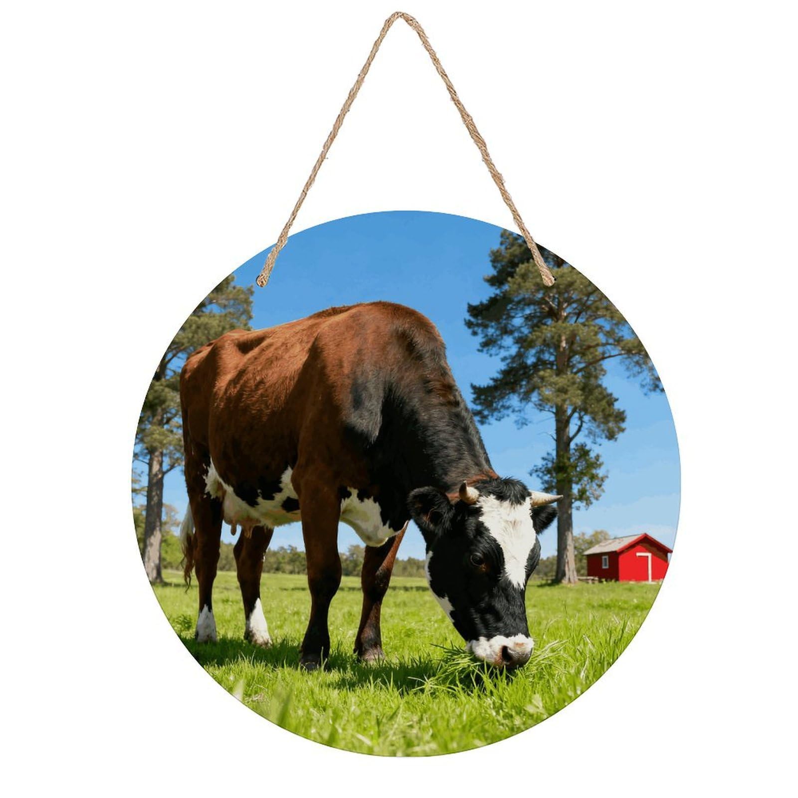 LZQPOEAS Farm Animals Round Wood Wall Art Painting, 7.9 Inch Circular Wooden Door Hanger Decorative Paintings, Rope-Hanging Wooden Wall Plaque for Home Decor And Office Party