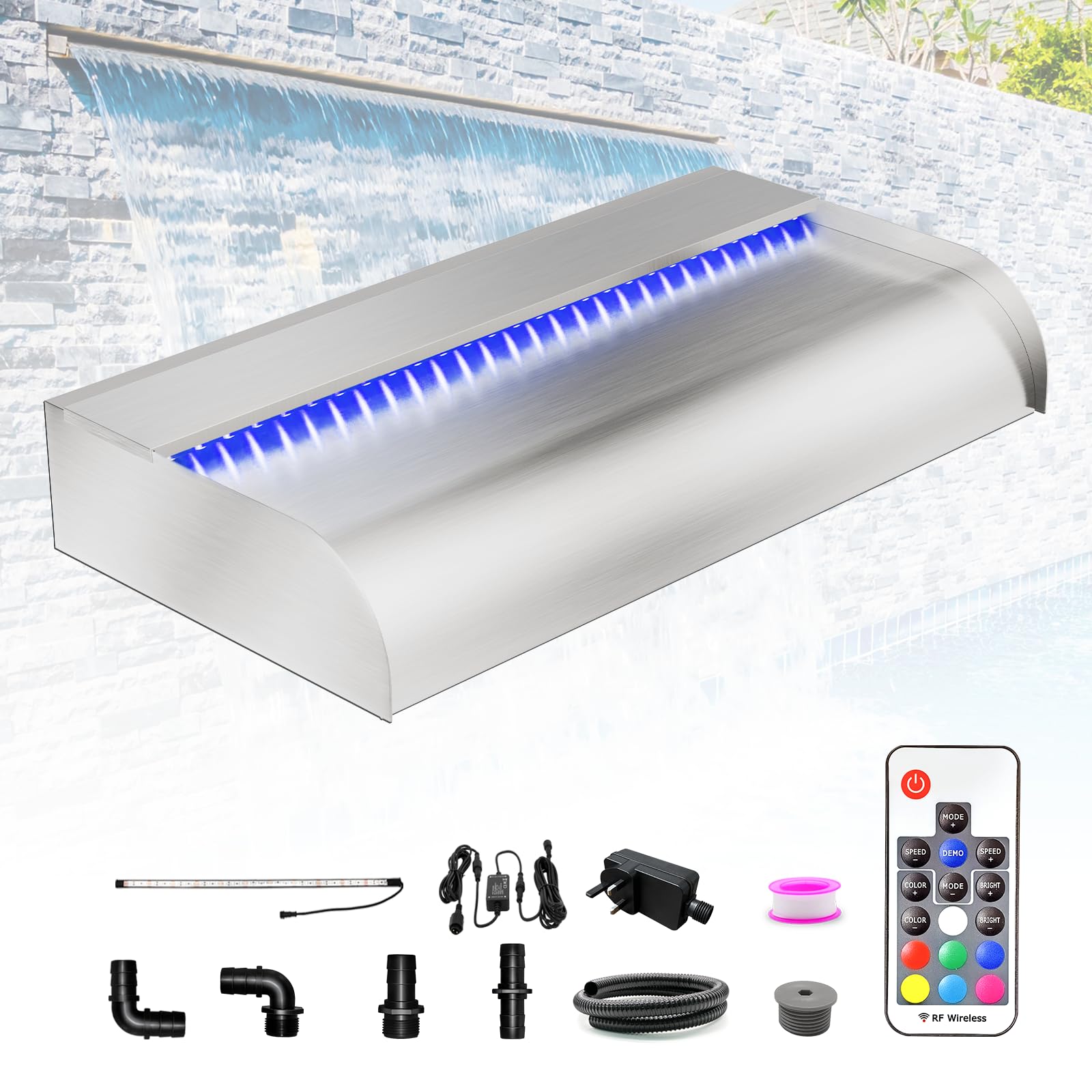 Longrun 60cm Pond Waterfall Blade Kit, 304 Stainless Steel Waterfall Feature Spillway, Outdoor Pool Fountain with 7 Colors LED Lights and Remote Control, Width 31cm