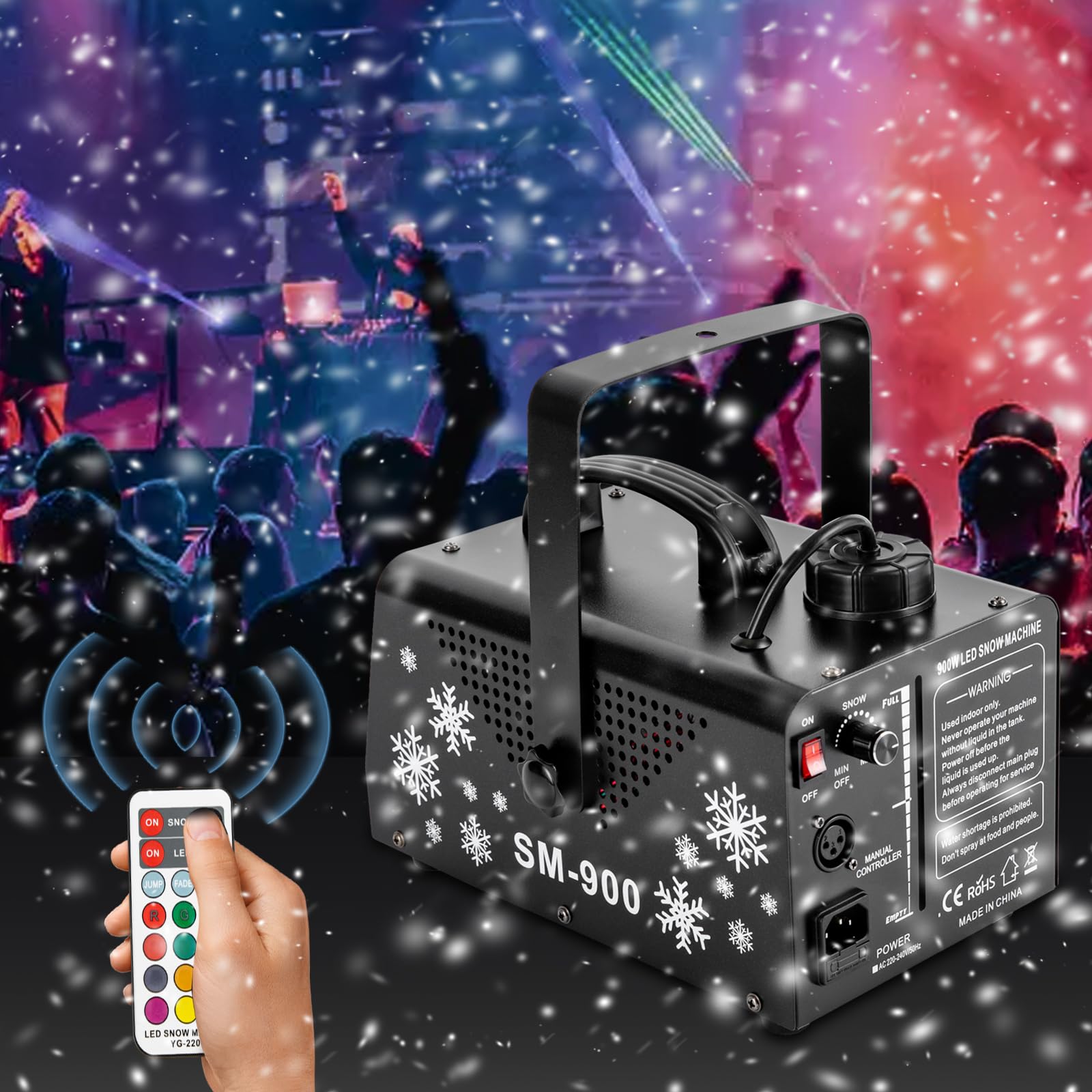 SHZICMY Máquina de nieve de 900 W con 9 luces LED RGB, máquina de nieve con mando a distancia, máquina de nieve para Halloween, Navidad, bodas, fiestas, escenarios de DJ