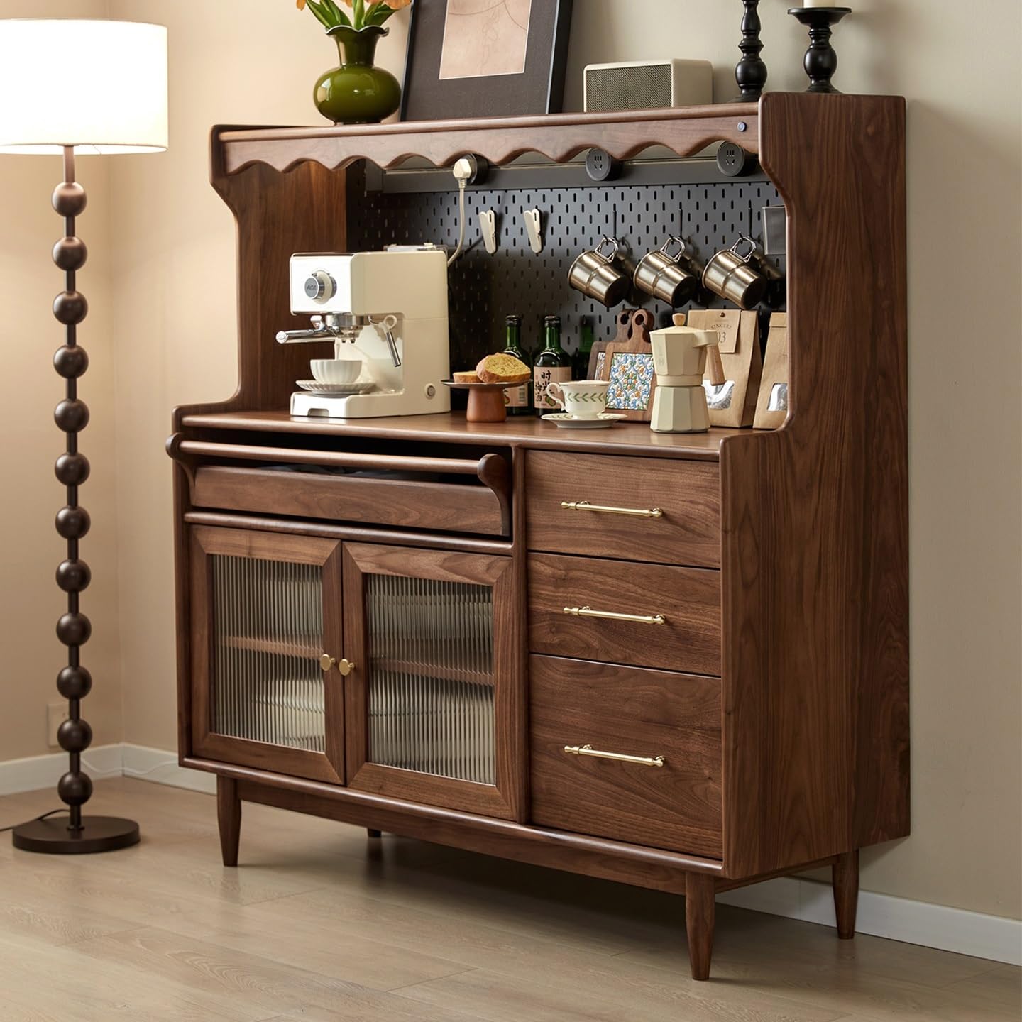 Armadio a buffet Credenza in noce nera per bar ristorante, caffetteria, armadio portaoggetti in stile giapponese, soggiorno, ingresso, corridoio, credenza per mobili decorativi (120 x 45 x 140 cm)