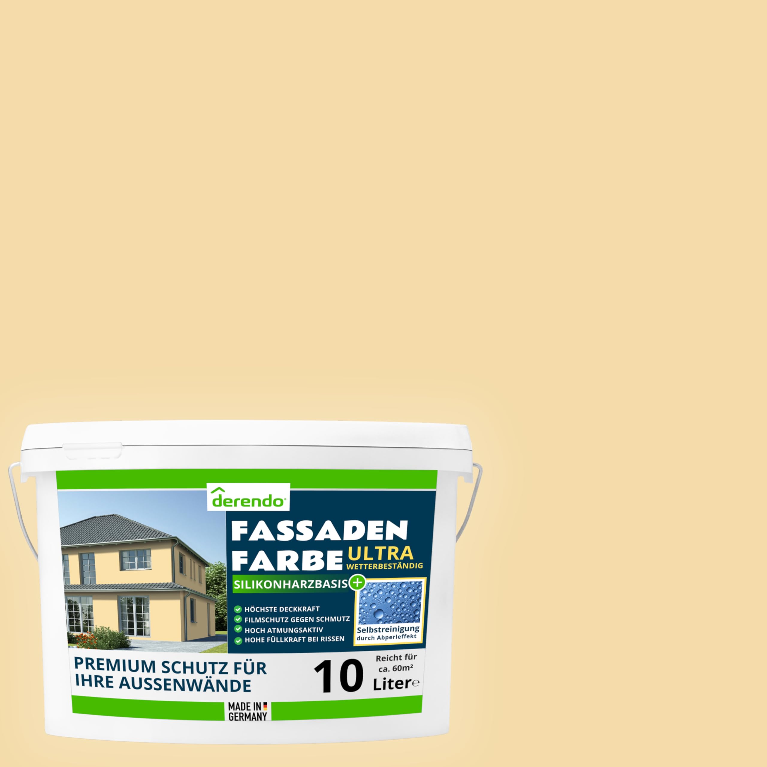 derendo Fassadenfarbe Gelb ULTRA Silikonharzfarbe Sandgelb aussen 10l | Für Putz Beton, Abperleffekt, wasserabweisend, UV-beständig, hohe Deckkraft, rissfüllend, diffusionsoffen, Made in Germany,